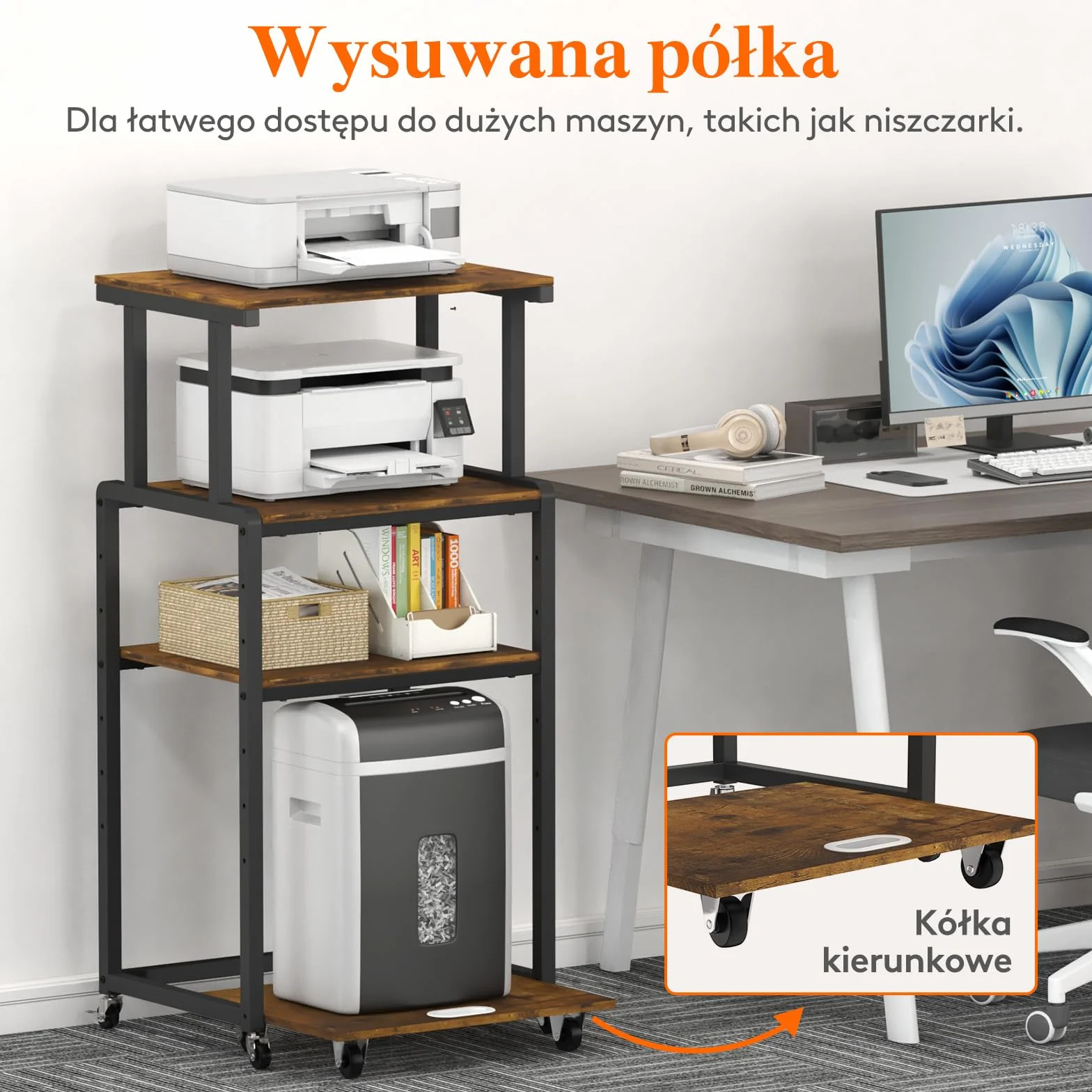 Lifewit 4-poziomowy stojak na drukarkę z kółkami, regulowaną półką, rdzawy brąz