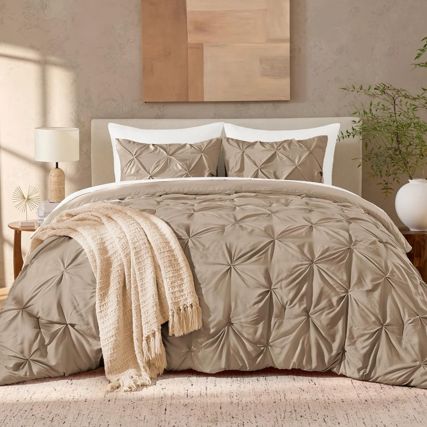 Andency Taupe Comforter Set Full, 3 Pieces Pinch Pleat Bedding Comforters & Sets, Soft Lightweight All Season Bed Set for Kids, Adults(79x90Inch)