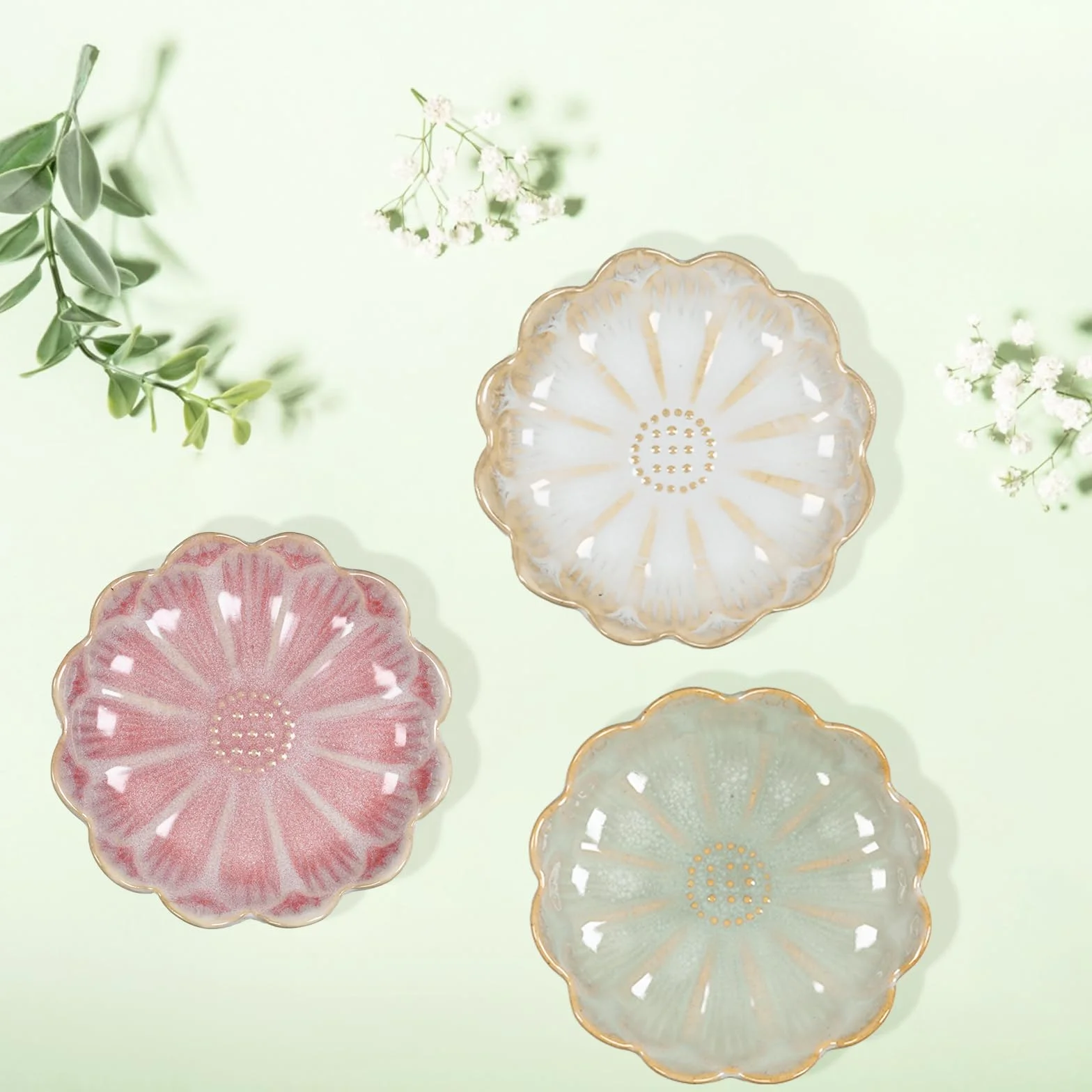 3 Sztuki Ceramicznych Tacek na Biżuterię, Dekoracyjne Naczynka na Drobiazgi, Miseczki w Kształcie Kwiatów na Pierścionki, Naczynia na Biżuterię na Naszyjniki (Różowy + Zielony + Biały)