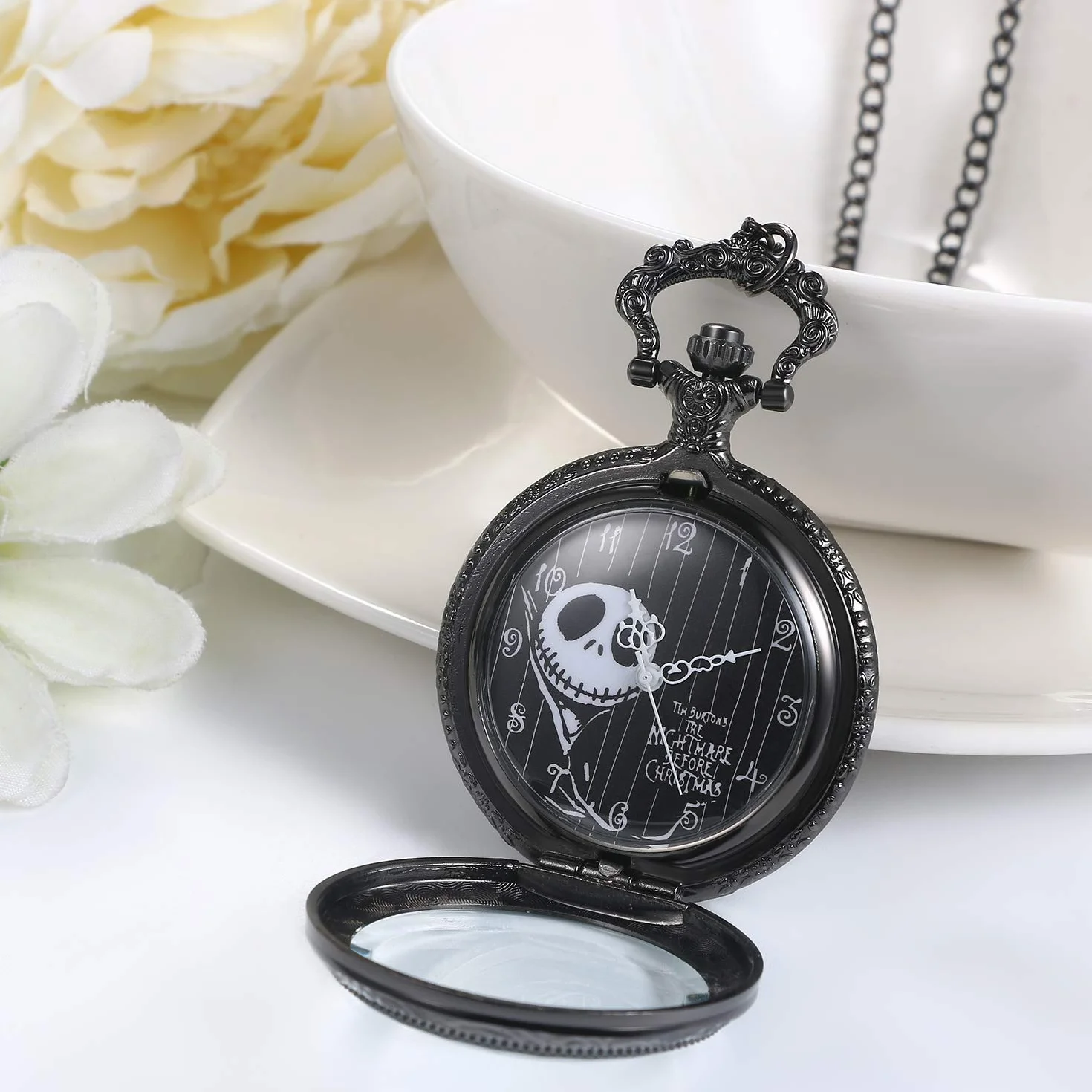 JewelryWe Nightmare Before Christmas zegarek kieszonkowy męski damski antyczny zegarek kieszonkowy z łańcuszkiem czarny naszyjnik zegarek na Boże Narodzenie