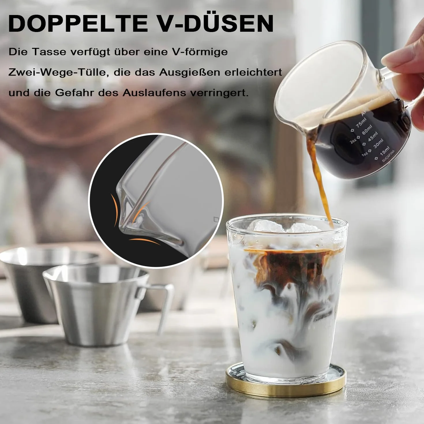 LATRAT szklany kubek z miarką 100 ml do mleka, kawy, espresso