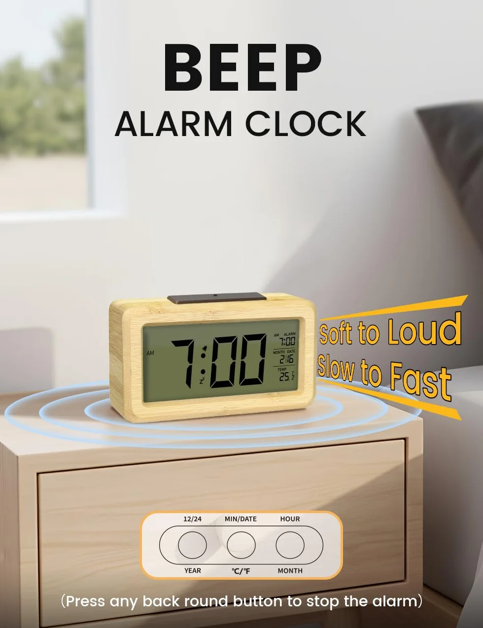 aboveClock Cyfrowy Budzik Z Drewna Duży Wyświetlacz Temperatury Zegar Stołowy Funkcja Drzemki Regulowana Jasność Bambus