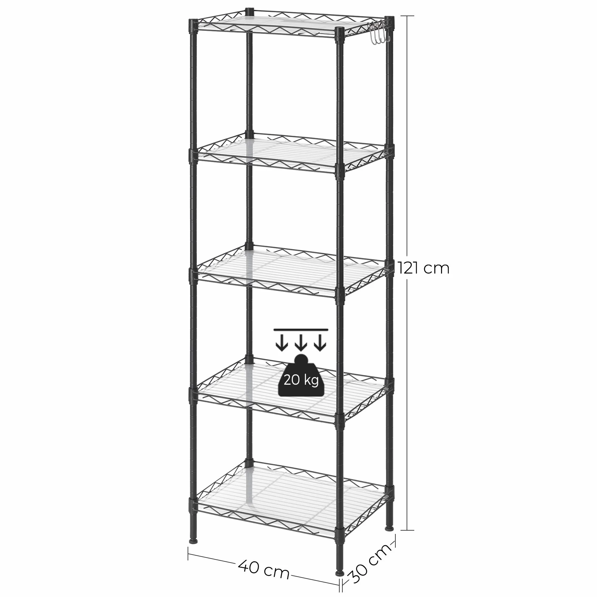 SONGMICS Półka Kuchenna Metalowa, Stojąca, Łazienkowa z 4 Haczykami, Panele PP, Regulowane Półki, Wytrzymuje do 100 kg, Do Małych Pomieszczeń i Łazienki, Czarna LGR115B01