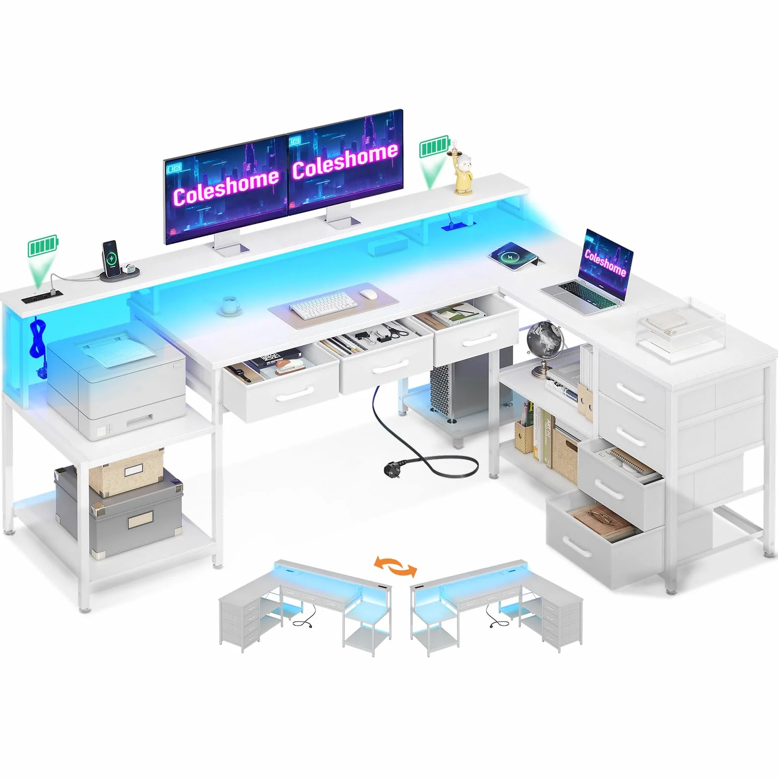 Coleshome Biurko Gamingowe ze Światłem RGB, 179.5×135.5cm Narożne z 7 Szufladami, Reversyjne w Kształcie L z 2 Gniazdami, biały