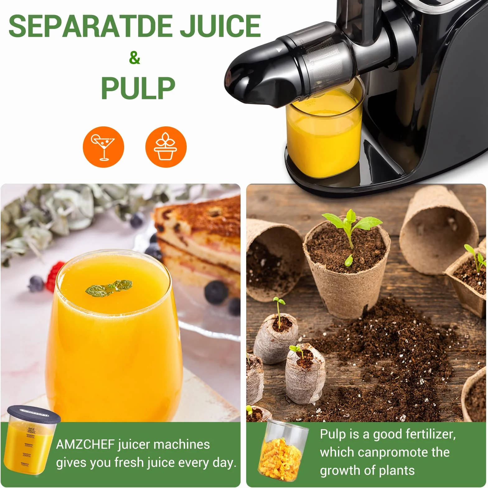 AMZCHEF Cold Press Sokowirówka do Owoców/Warzyw z 2 Prędkościami - Wyciskarka do Soków z Ultra Gęstym Filtrem - Wolnoobrotowa Sokowirówka do Całych Owoców i Warzyw - 1 Butelka i 2 Kubki - Czarny