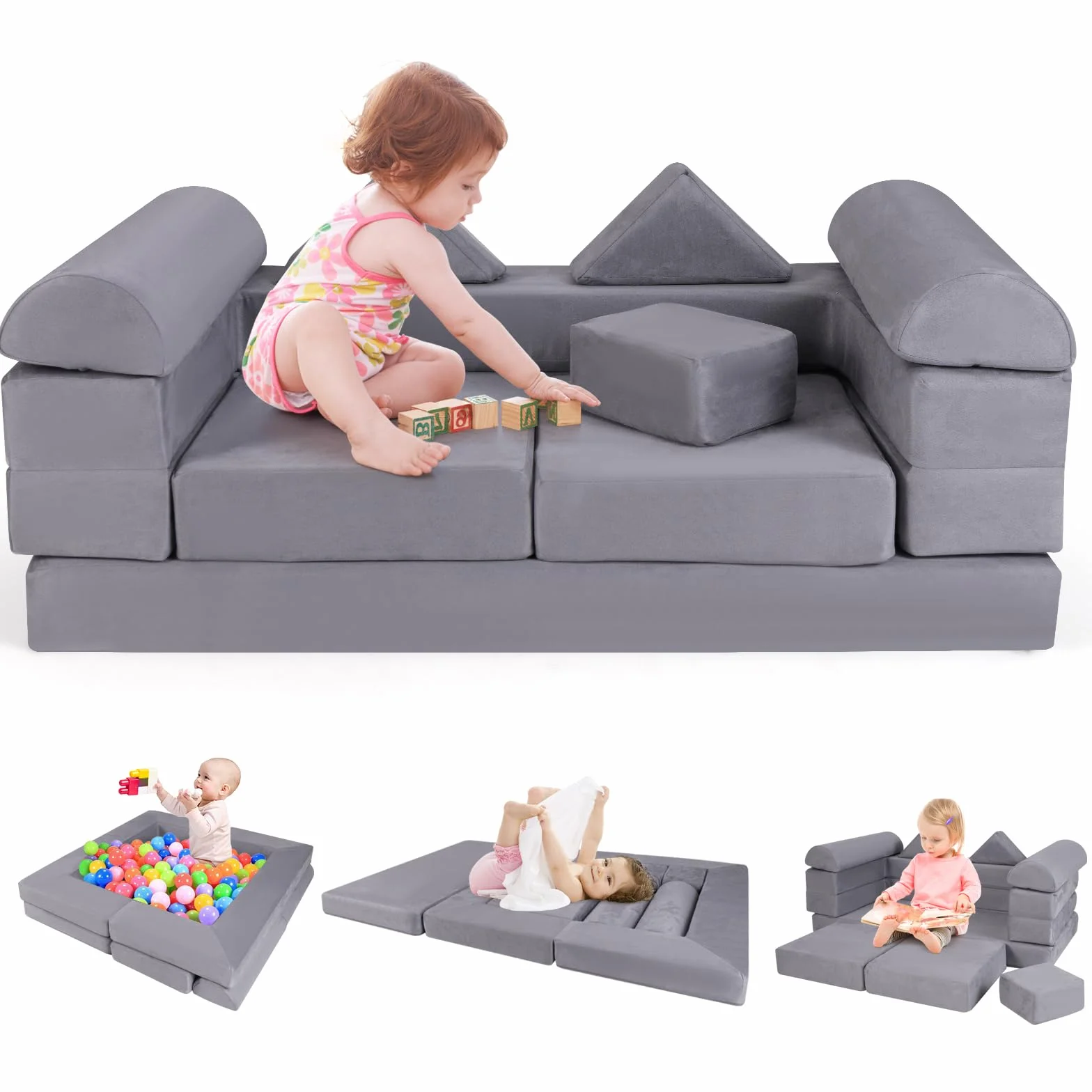 COSTWAY Modułowa sofa dziecięca 9-częściowa z pianki zamszowa szara
