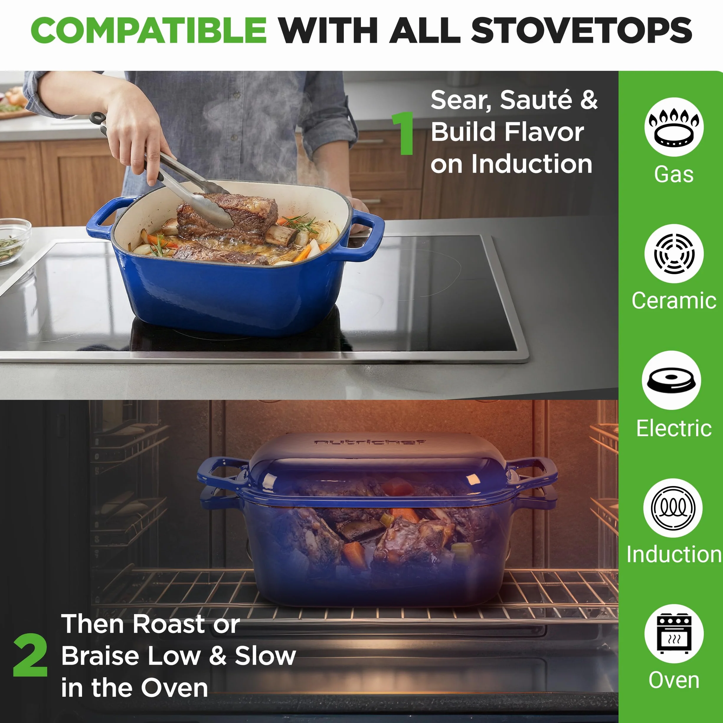 NutriChef 10" emaliowana żeliwna forma do chleba z pokrywką, owalna forma typu Dutch oven z silikonowymi rękawicami, odporna na temperaturę do 260°C, do pieczenia, pieczenia mięs, duszenia, niebieska