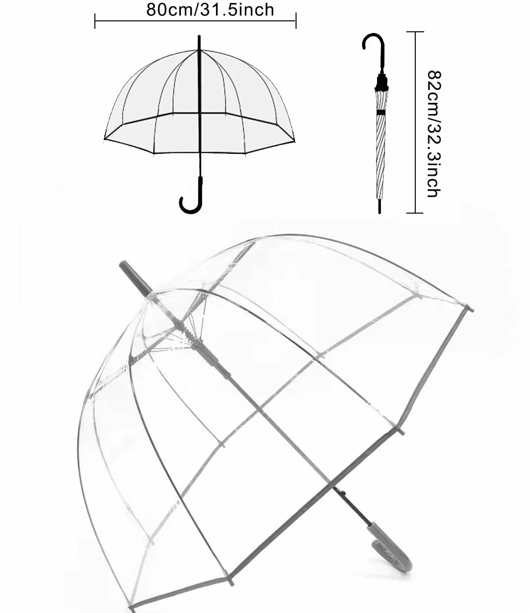 ThreeH Przezroczysty parasol bąbelkowy zakrzywiony uchwyt Solidny przezroczysty plastikowy parasol kopułowy z 8 żebrami automatycznie otwierane