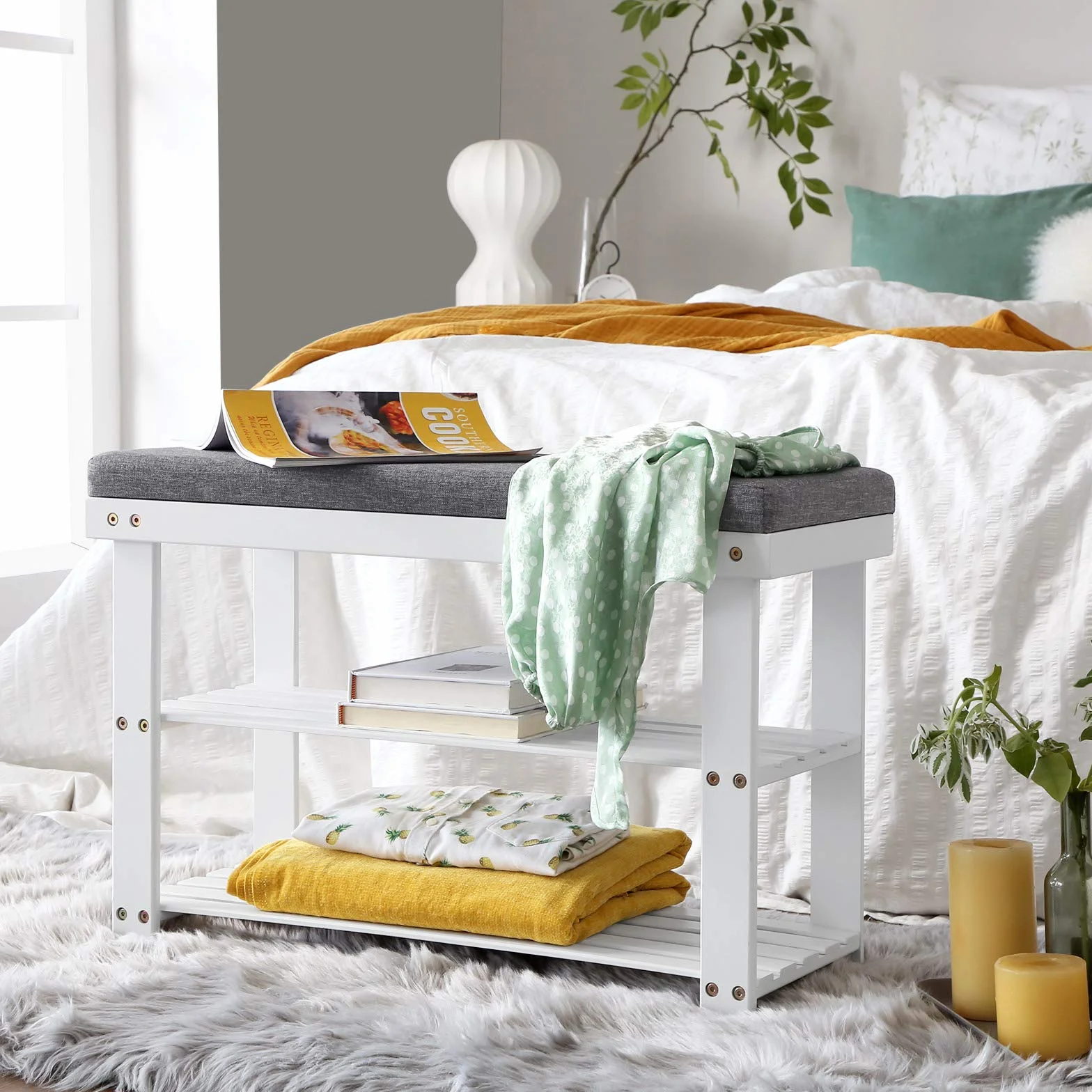 SONGMICS szafka na buty z bambusa 2 półki ławka do siedzenia 150 kg 71x29x49 cm biało-szara LBS604W01