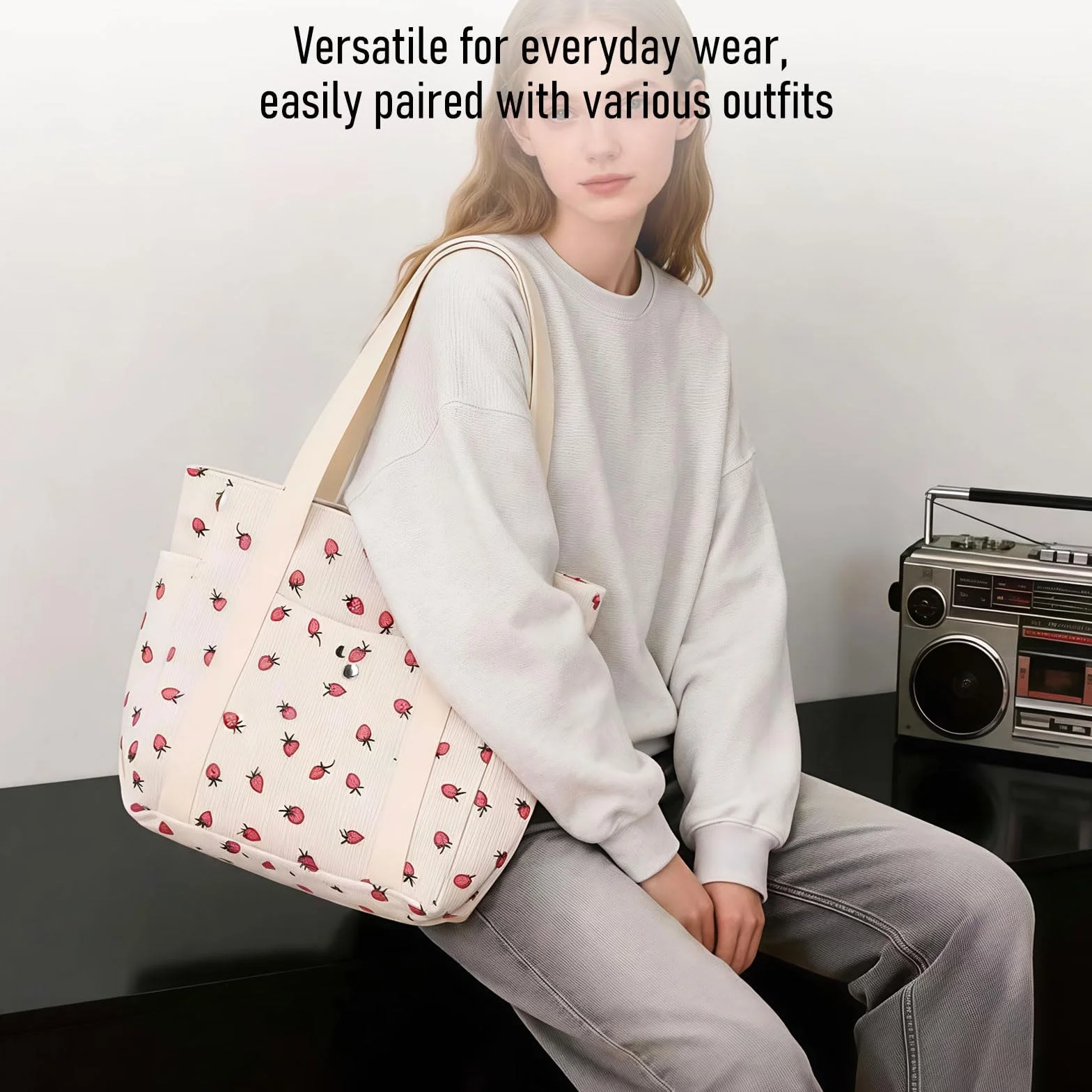 Torba ze sztruksu damska z wzorem truskawkowym, słodkie torby z truskawkami, torba na ramię, tote bag damska z materiału na co dzień i zakupy, duża torba shopper ze sztruksu na czas wolny i