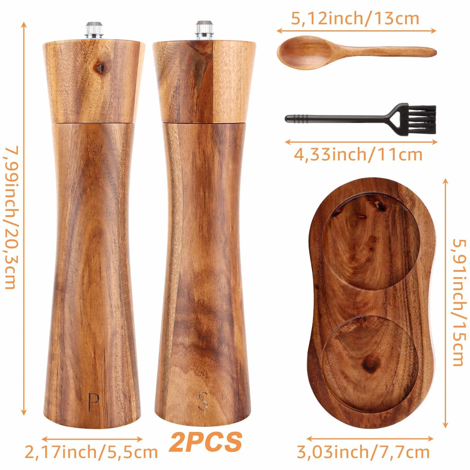 zestaw młynków do soli i pieprzu, drewniany, 21 cm, duży młynek do pieprzu z ceramicznym mechanizmem mielącym, młynek do soli i pieprzu, zestaw młynków do przypraw w eleganckim pudełku