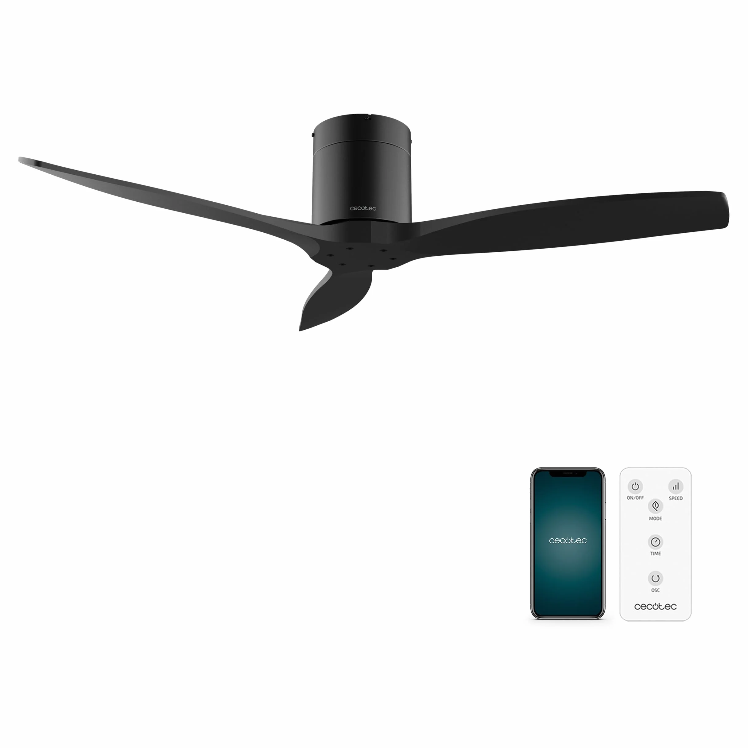 Cecotec Wentylator sufitowy EnergySilence Aero 5500 Aqua Black&Black, silnik prądu stałego 40 W, średnica 132 cm, niskie zużycie energii, Wi-Fi, zdalne, zewnętrzne, timer, lato i zima, cichy