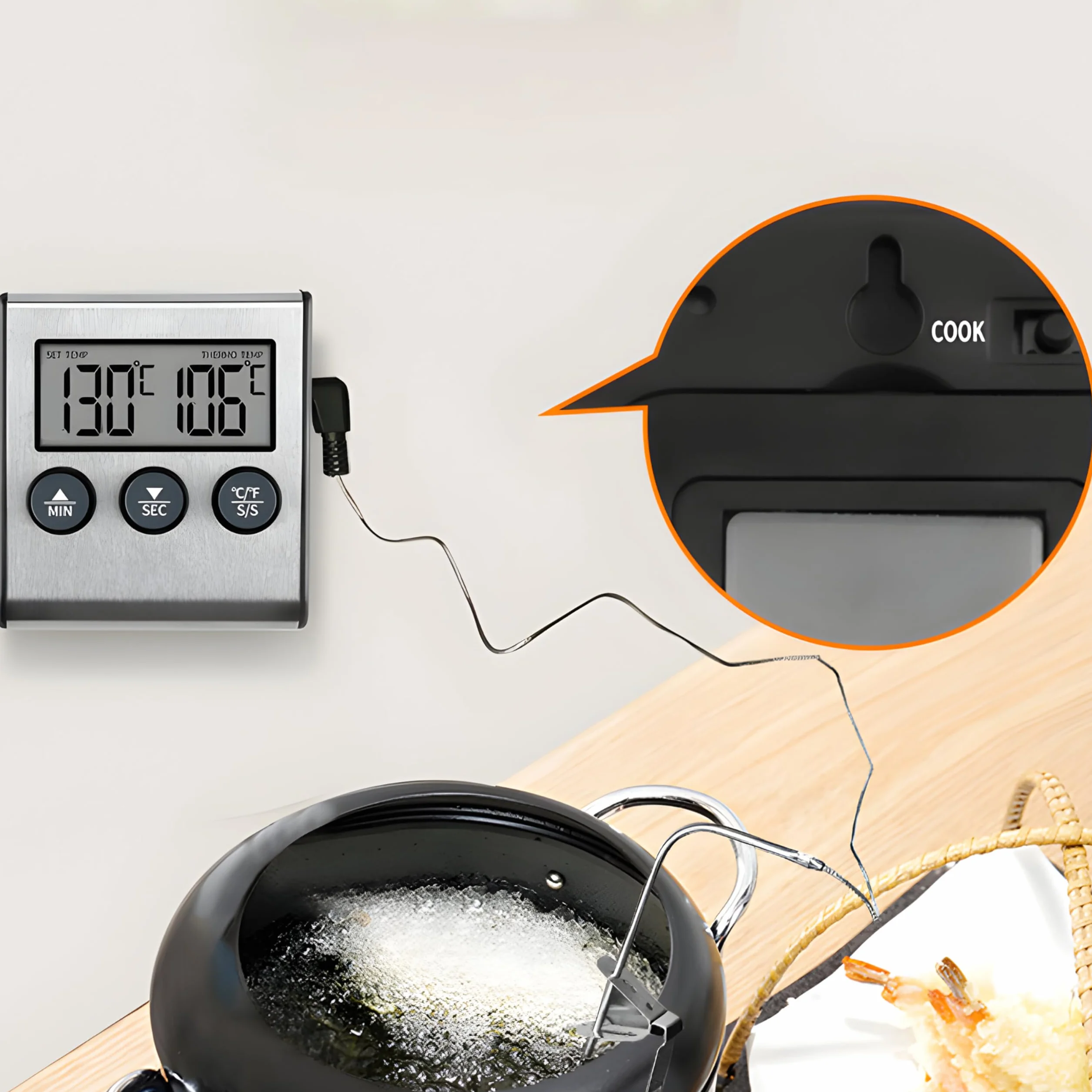 Retoo Cyfrowy termometr do grilla i mięsa 0-250°C, kuchenny z podświetlanym wyświetlaczem, funkcja COOK i TIMER