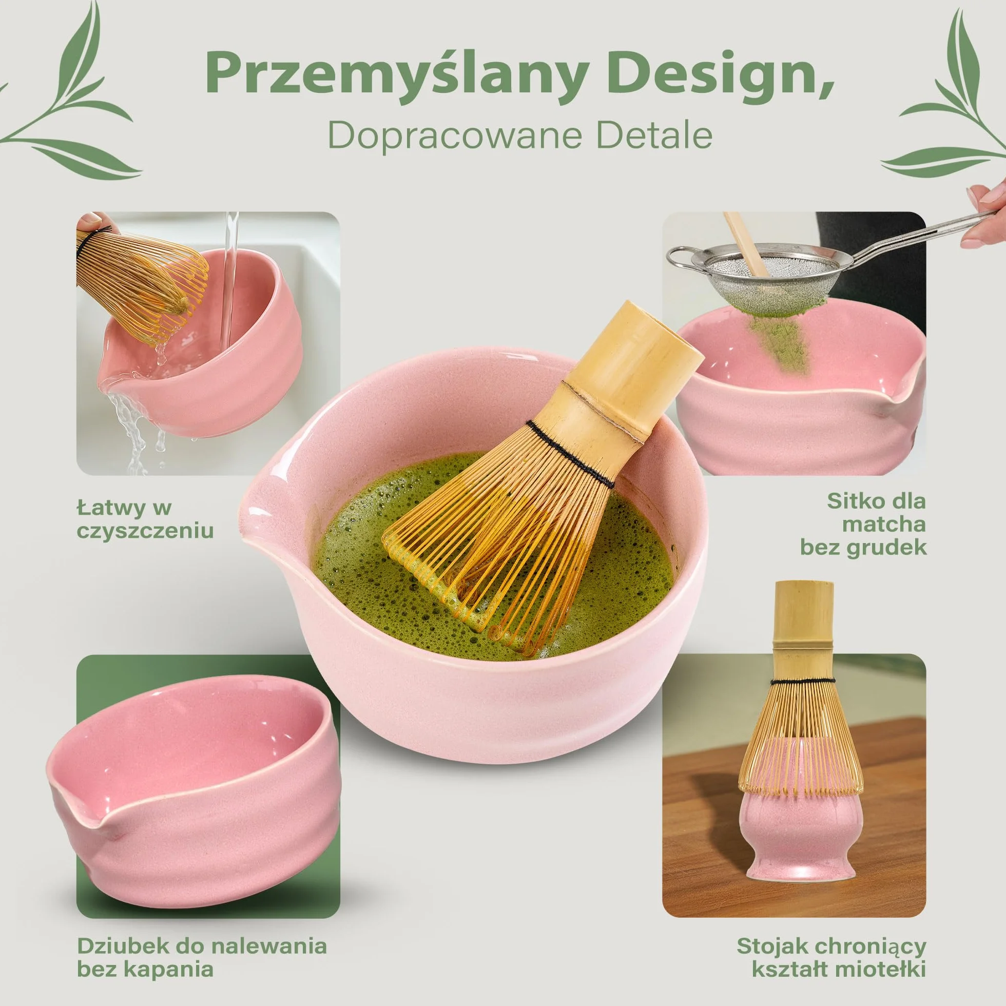 Comforder Zestaw do Herbaty Matcha z Ceramiczną Miseczką, Bambusową Trzepaczką i Podstawką, Różowy