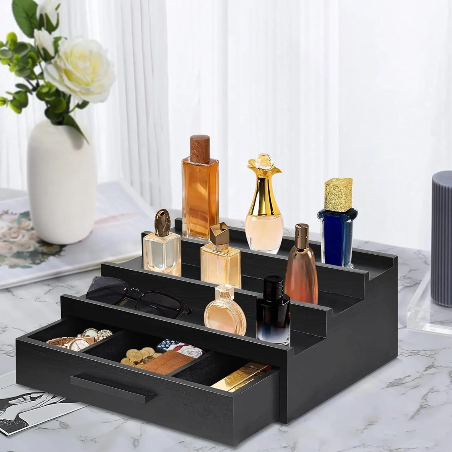 Drewniany organizer na perfumy 3-poziomowy czarny