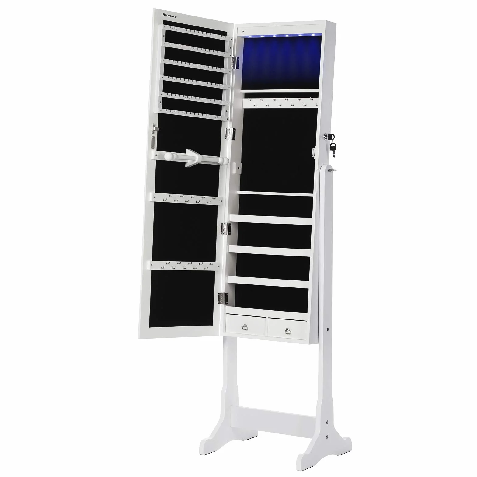 SONGMICS JBC94W oświetlenie LED szafka na biżuterię, z lustrem, 4 półki i 2 małe szuflady, zamykana