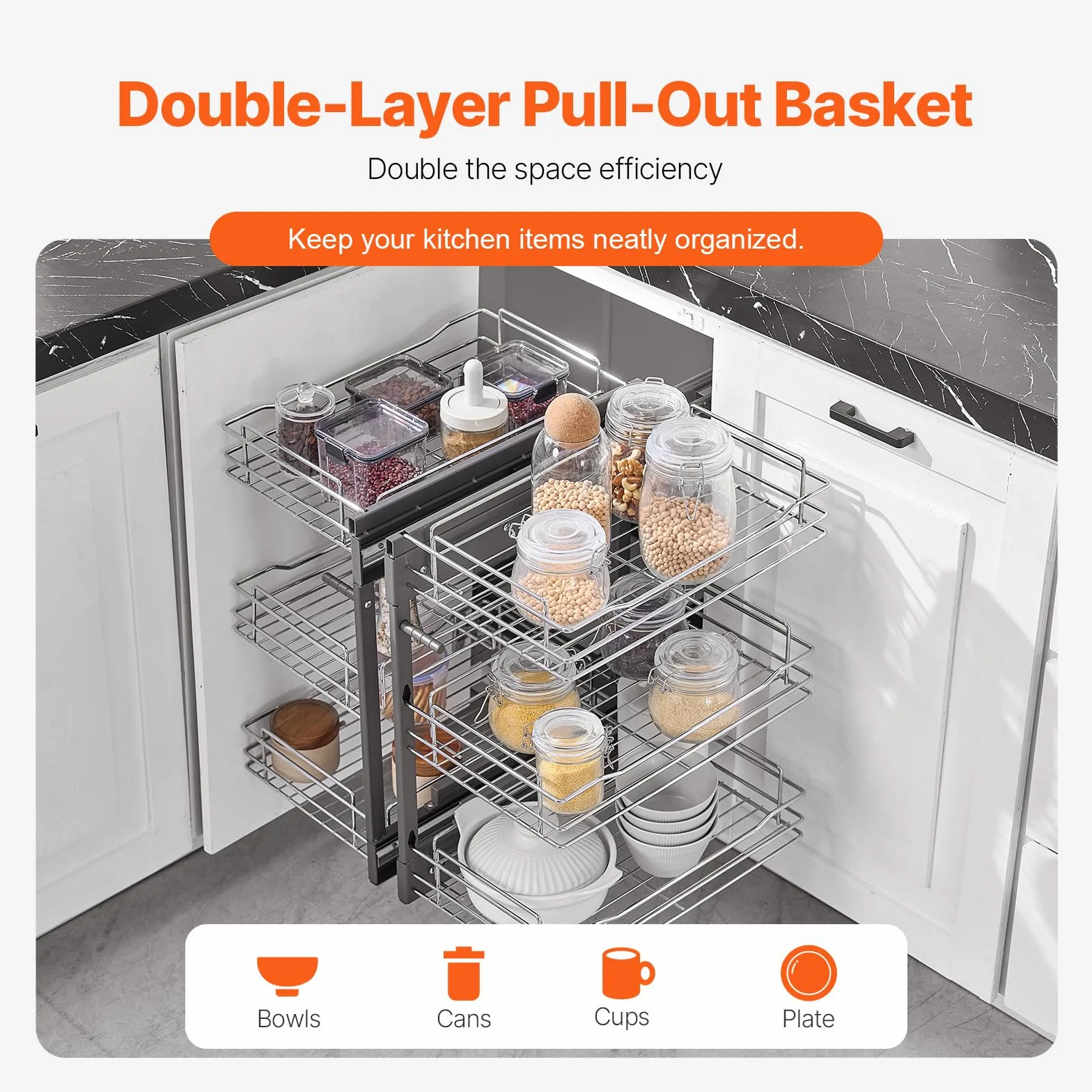 VEVOR Organizer narożny wysuwany 38 cm, 3 poziomy 6 półek, chromowana stal węglowa do szafki kuchennej