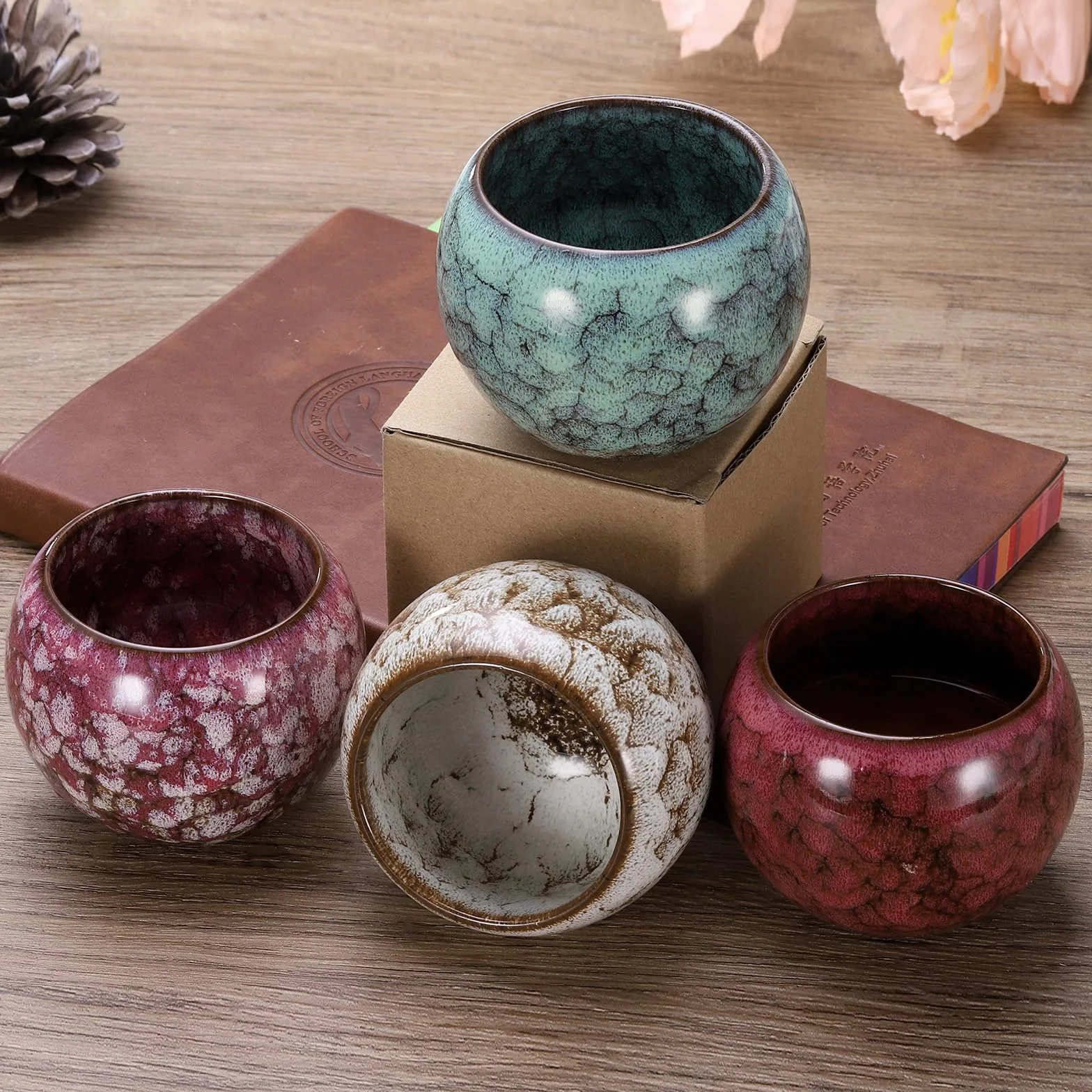 QUARKZMAN Filiżanki do herbaty ceramiczne 5,07 uncji zestaw Gong Fu ręcznie robiona emalia bez uchwytu