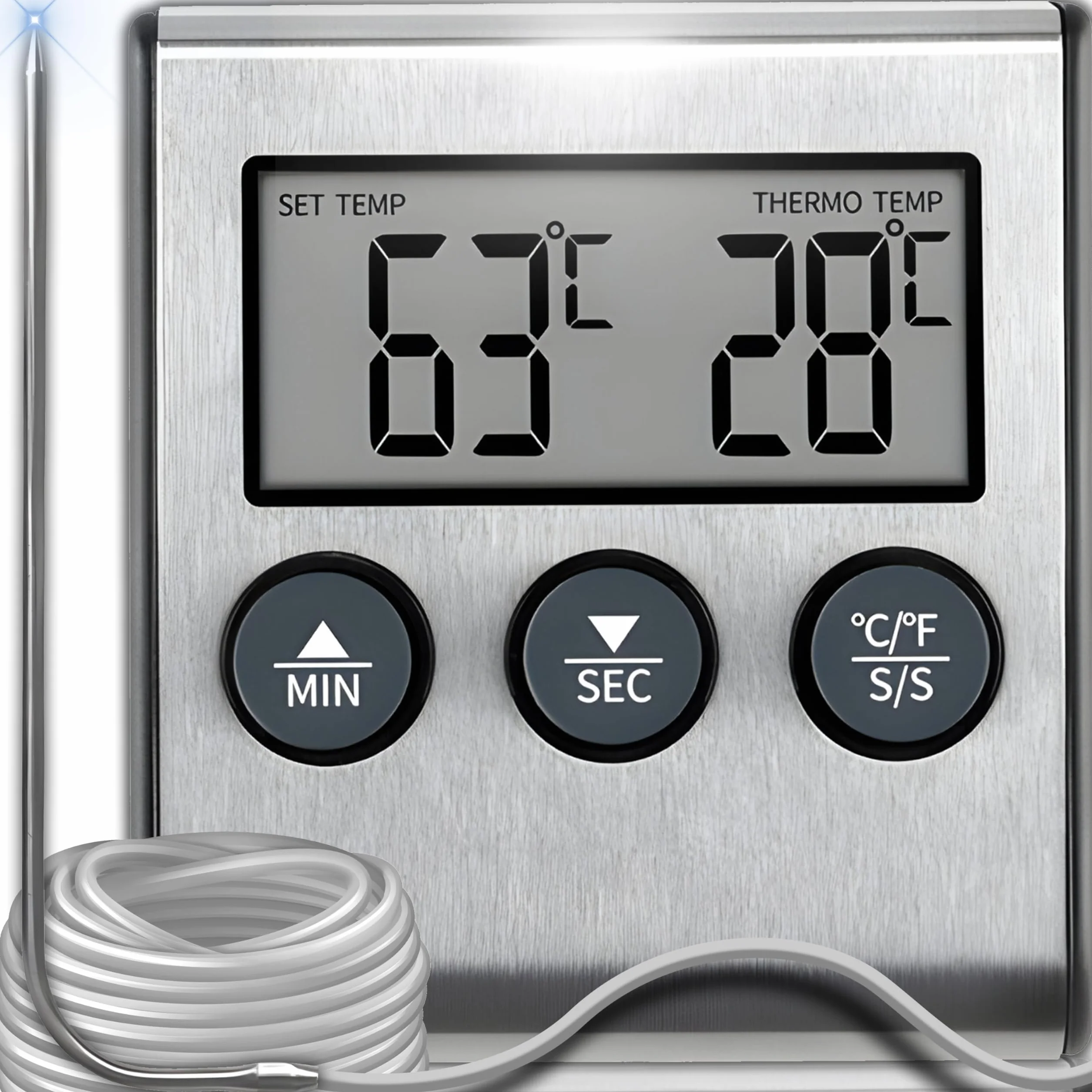 Retoo Cyfrowy termometr do grilla i mięsa 0-250°C, kuchenny z podświetlanym wyświetlaczem, funkcja COOK i TIMER