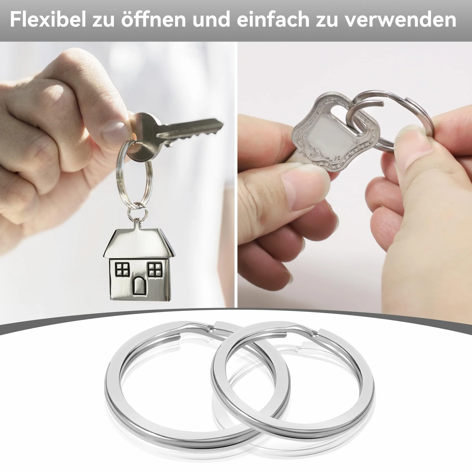 30 sztuk kółek na klucze ze stali nierdzewnej, pierścienie do kluczy w 3 rozmiarach (20/25/30 mm), srebrne metalowe pierścienie do kluczy i akcesoriów DIY, srebro, 20/25/30mm