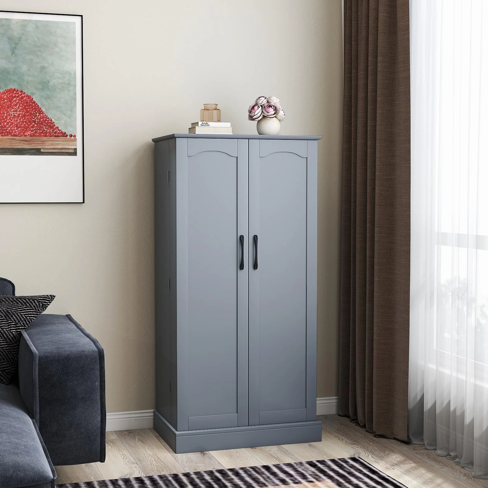 KOMFOTTEU Szafka na smakołyki, szafka do przechowywania, wiele regulowanych półek, kredens kuchenny, podwójna szafka do przechowywania, do salonu, jadalni, 60 x 40 x 120 cm (szara)