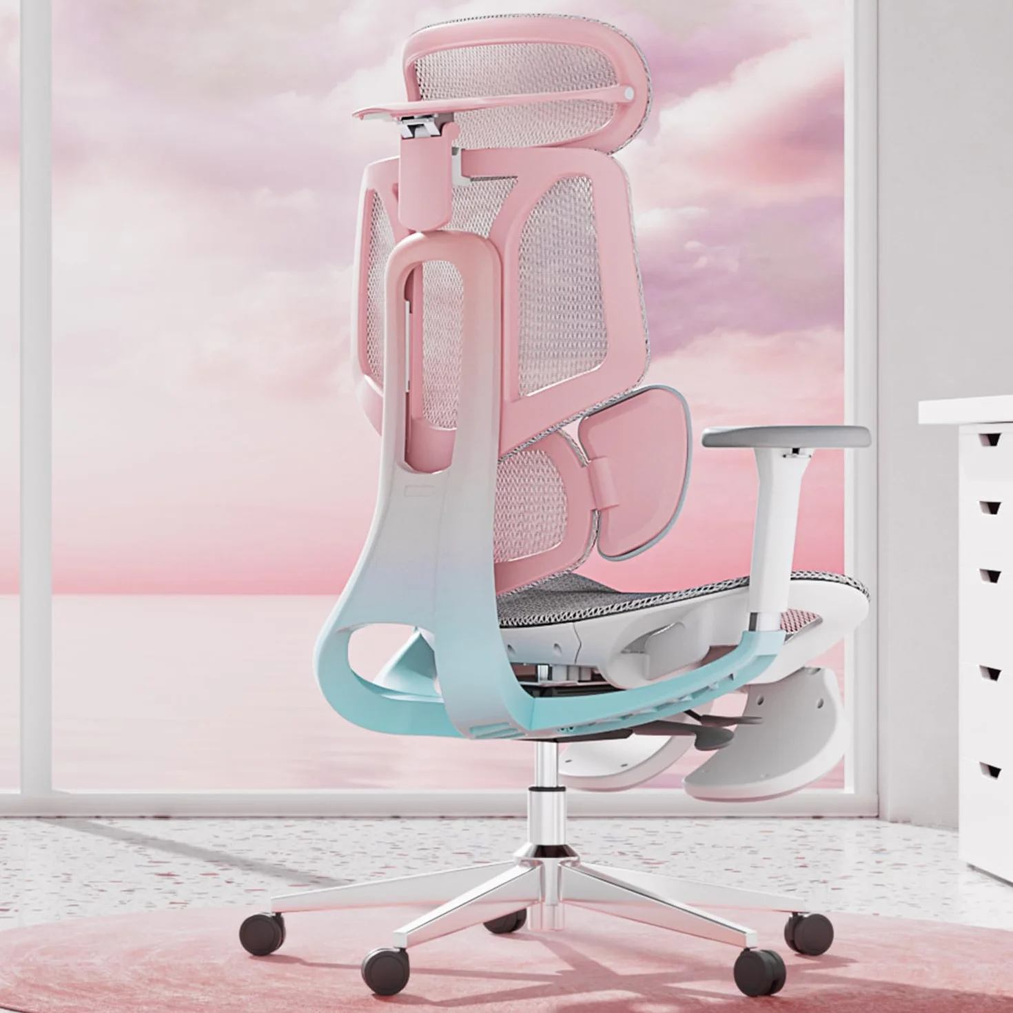 Hbada E3 Pro Ergonomiczny Fotel Biurowy z Dynamicznym Wsparciem Lędźwiowym 3-Strefowym, Regulowany Zagłówek 4D, Podłokietniki 4D, Podnóżek, Różowy