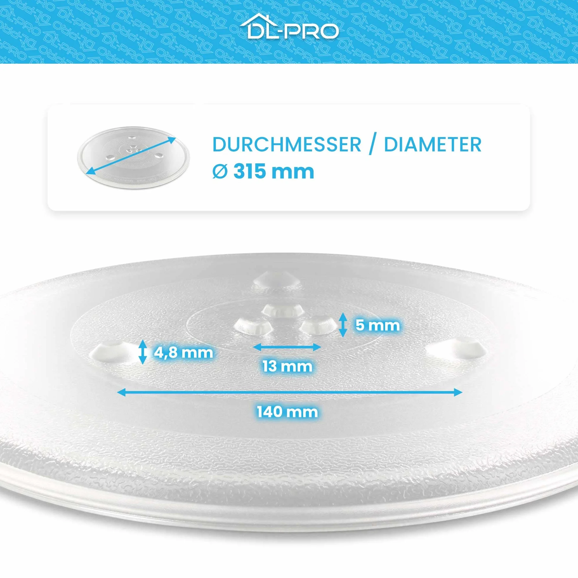 DL-pro Uniwersalny talerz do kuchenki mikrofalowej, 31,5 cm, talerz obrotowy, talerz szklany, talerz obrotowy z 3 wypustkami 315 mm, okrągły, zamiennik do mikrofalówki Microwelle