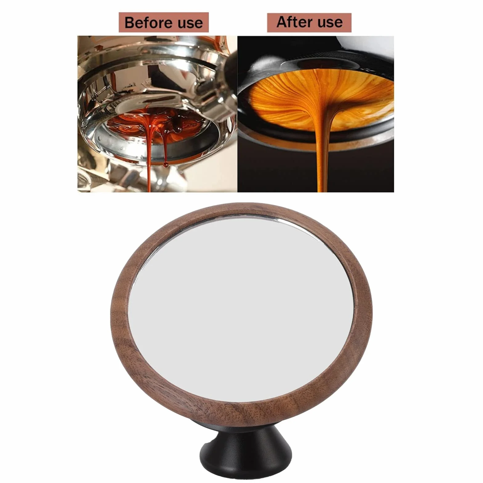 Lustro do Obserwacji Przepływu Kawy, Wielokierunkowy Obrót, Espresso Mirror, Podstawa z Czarnego Orzecha