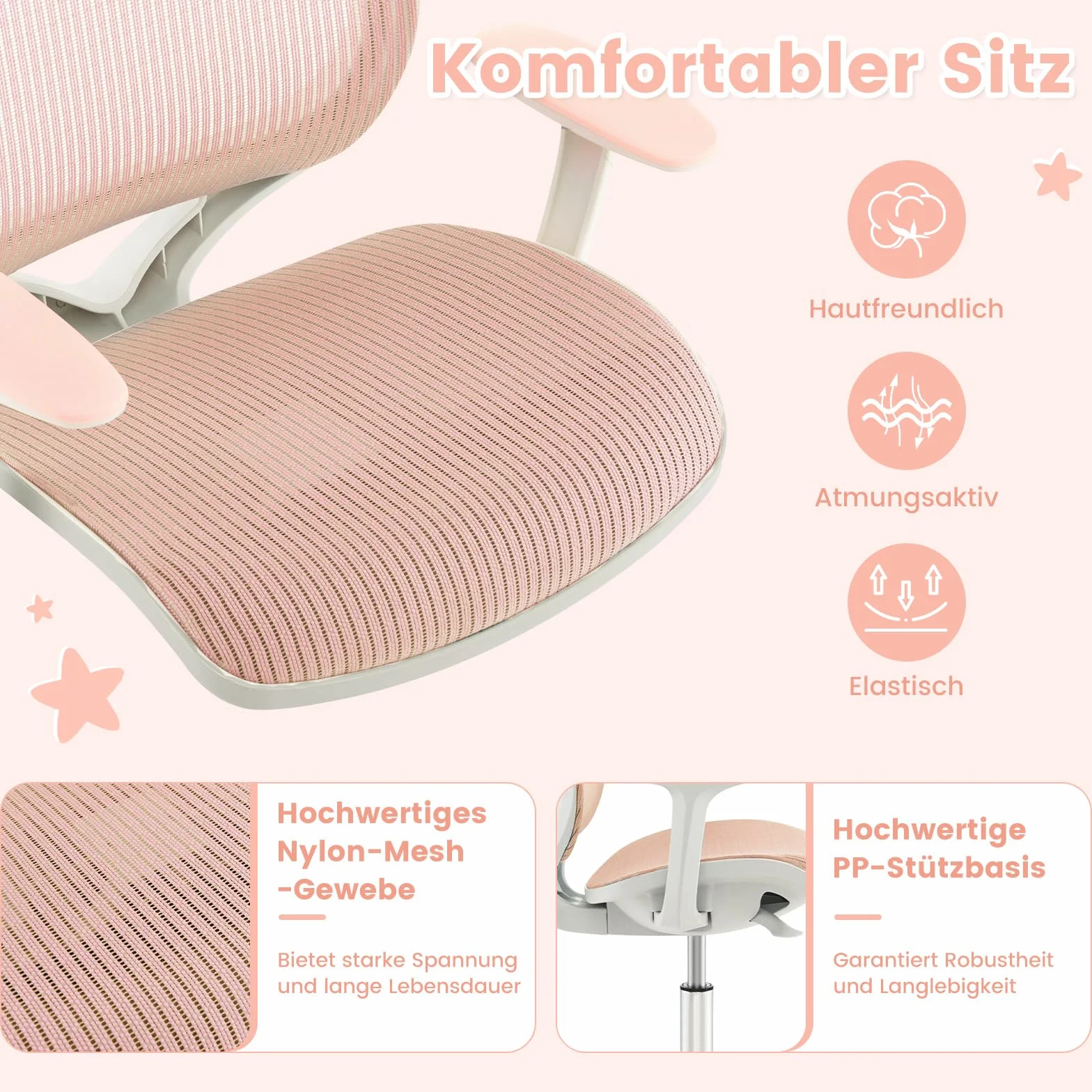 COSTWAY Dziecięce Krzesło Biurowe Obrotowe 360° z Regulacją Wysokości 43-55 cm, Ergonomiczne Krzesło Młodzieżowe z Podłokietnikami i Kółkami, Stabilne i Komfortowe