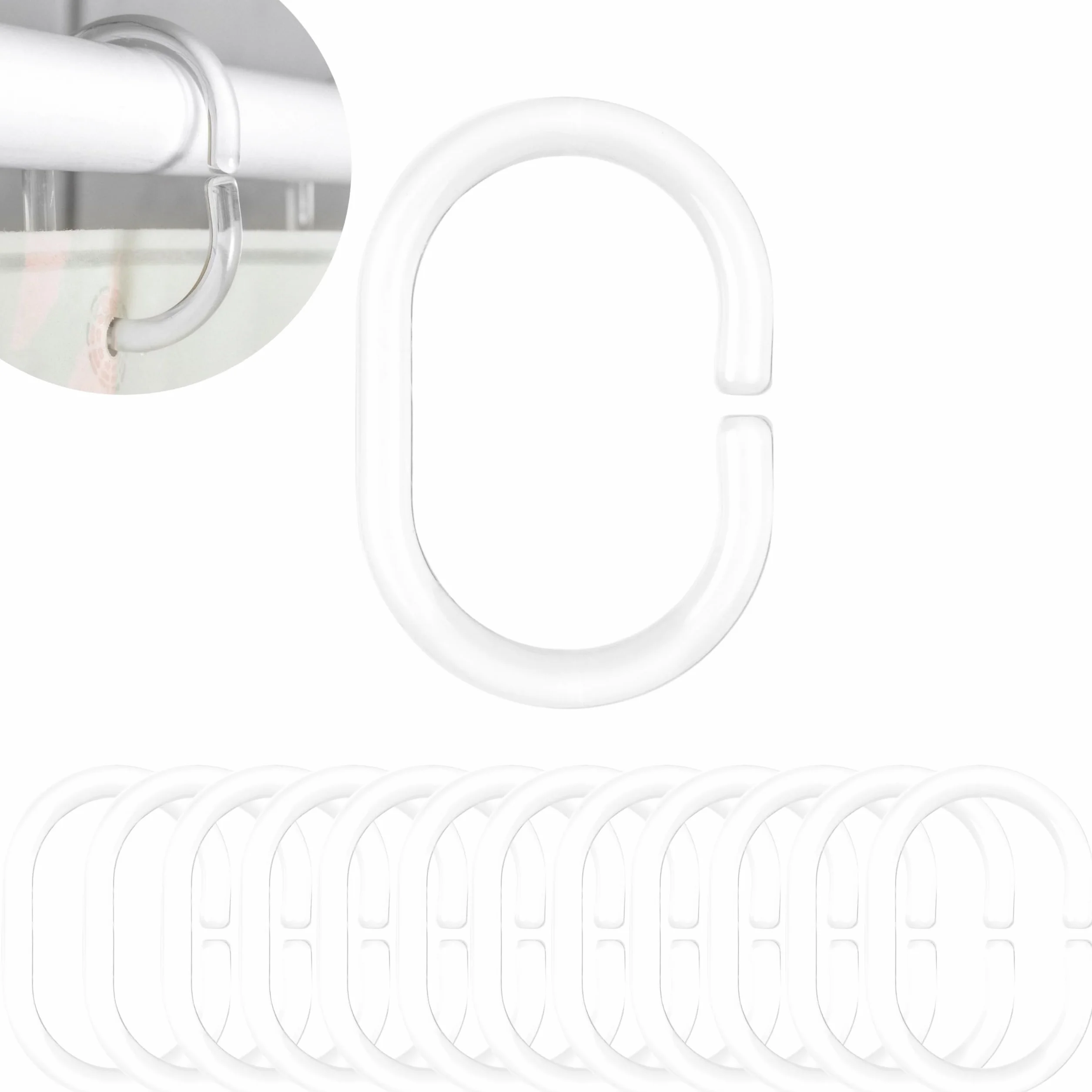 Pierścienie na Zasłonę Prysznicową, 12 sztuk, przezroczyste, Ø 46 x 29 mm wewnątrz, do drążków prysznicowych, przezroczyste pierścienie na zasłonę prysznicową, haczyk prysznicowy C-ring łazienka