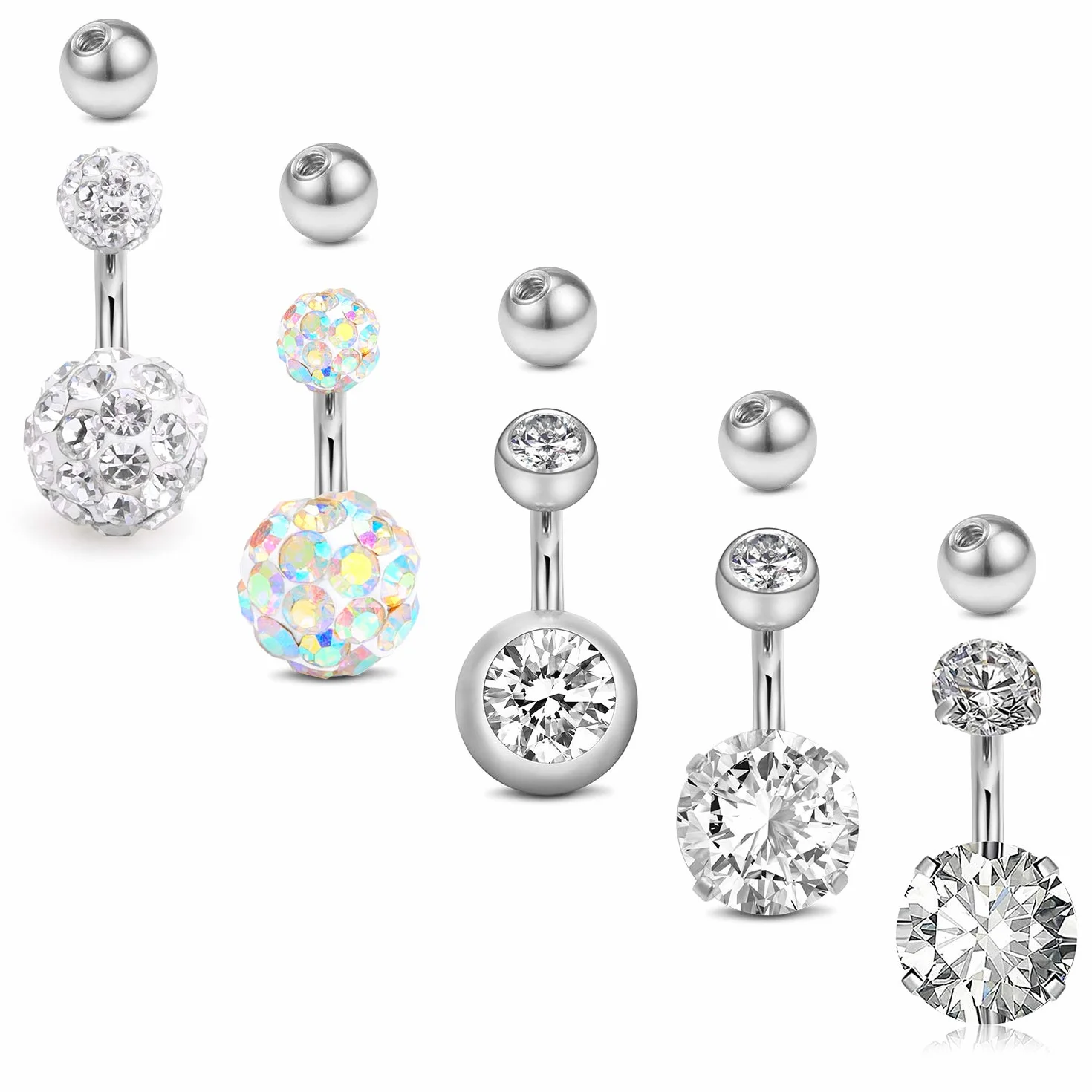 LAURITAMI krótki kolczyk do pępka, 6 mm, stal chirurgiczna 14 G, barbell, srebro, różowe złoto, kolczyk do pępka, biżuteria barbell, Stal nierdzewna