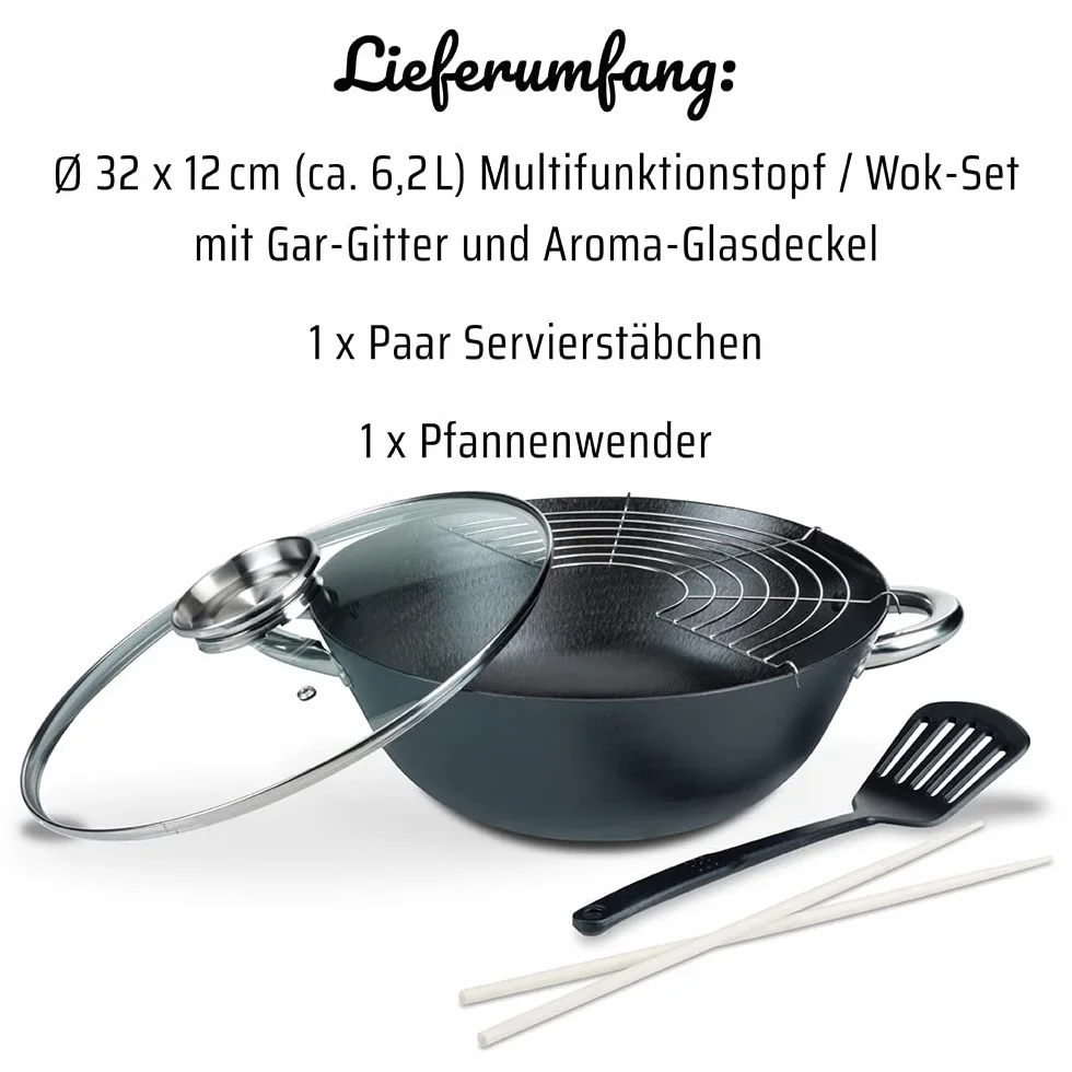 Garnek żeliwny do wok 32 cm 5-częściowy 6,2 l ze szklaną pokrywką czarny