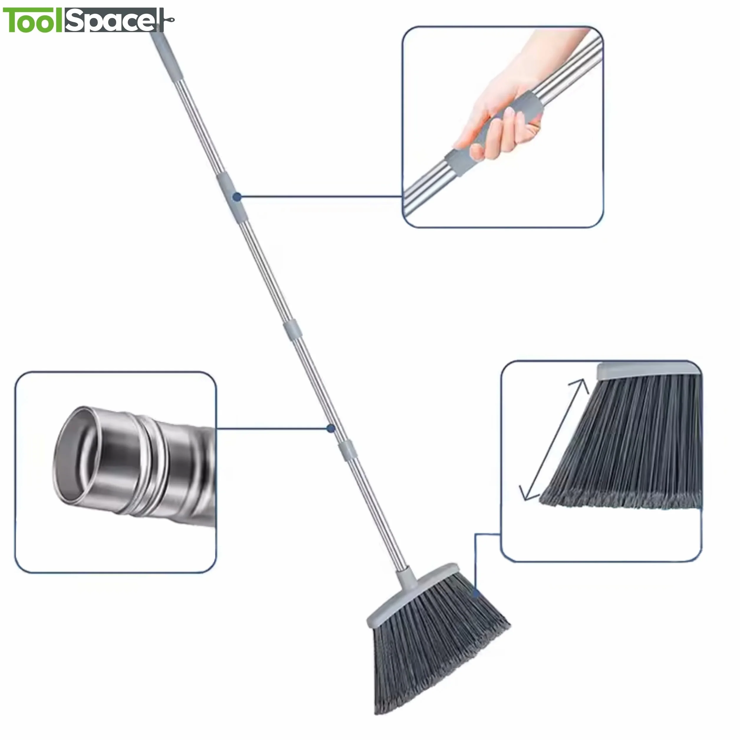 ToolSpace Szczotka Zmiotka Miotła z Długim Kijem Szara Stalowy Kij