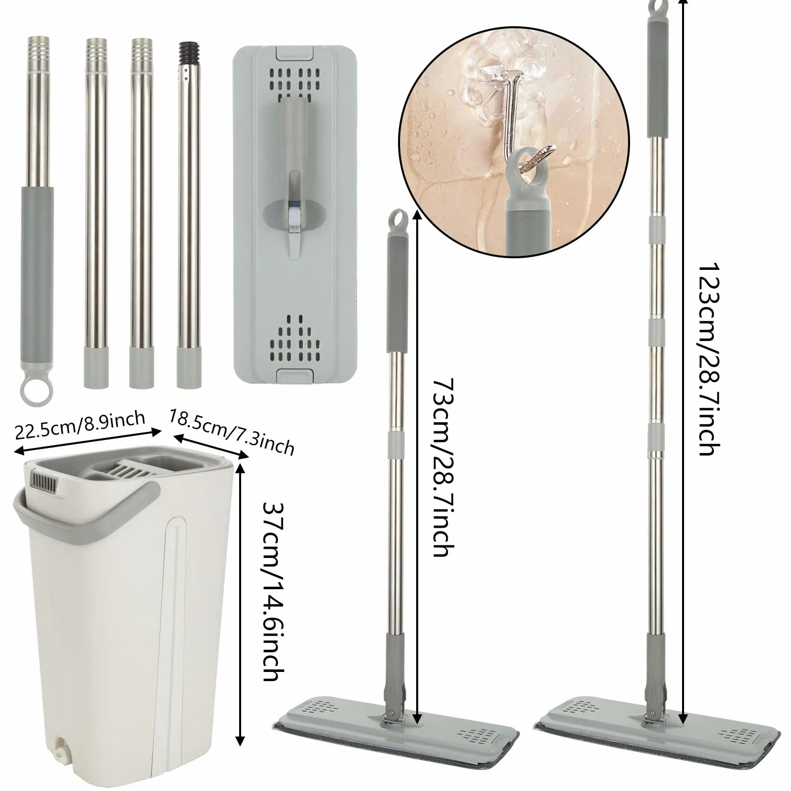 ASelected Płaski mop i wiadro z 10 podkładkami z mikrofibry, uchwyt ze stali nierdzewnej 123 cm, zestaw do mycia podłóg