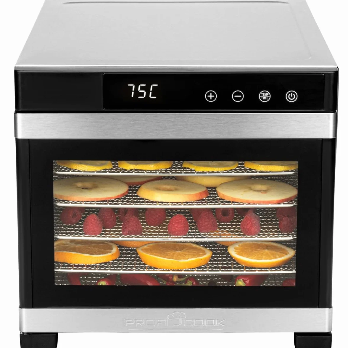 ProfiCook® PC-DR 1218 suszarka do włosów, stal nierdzewna, regulator temperatury 35-75°C, nie zawiera BPA, funkcja timera, 6 poziomów, wyświetlacz LED, obsługa dotykowa, owoce, mięso, owoce, 650 W,