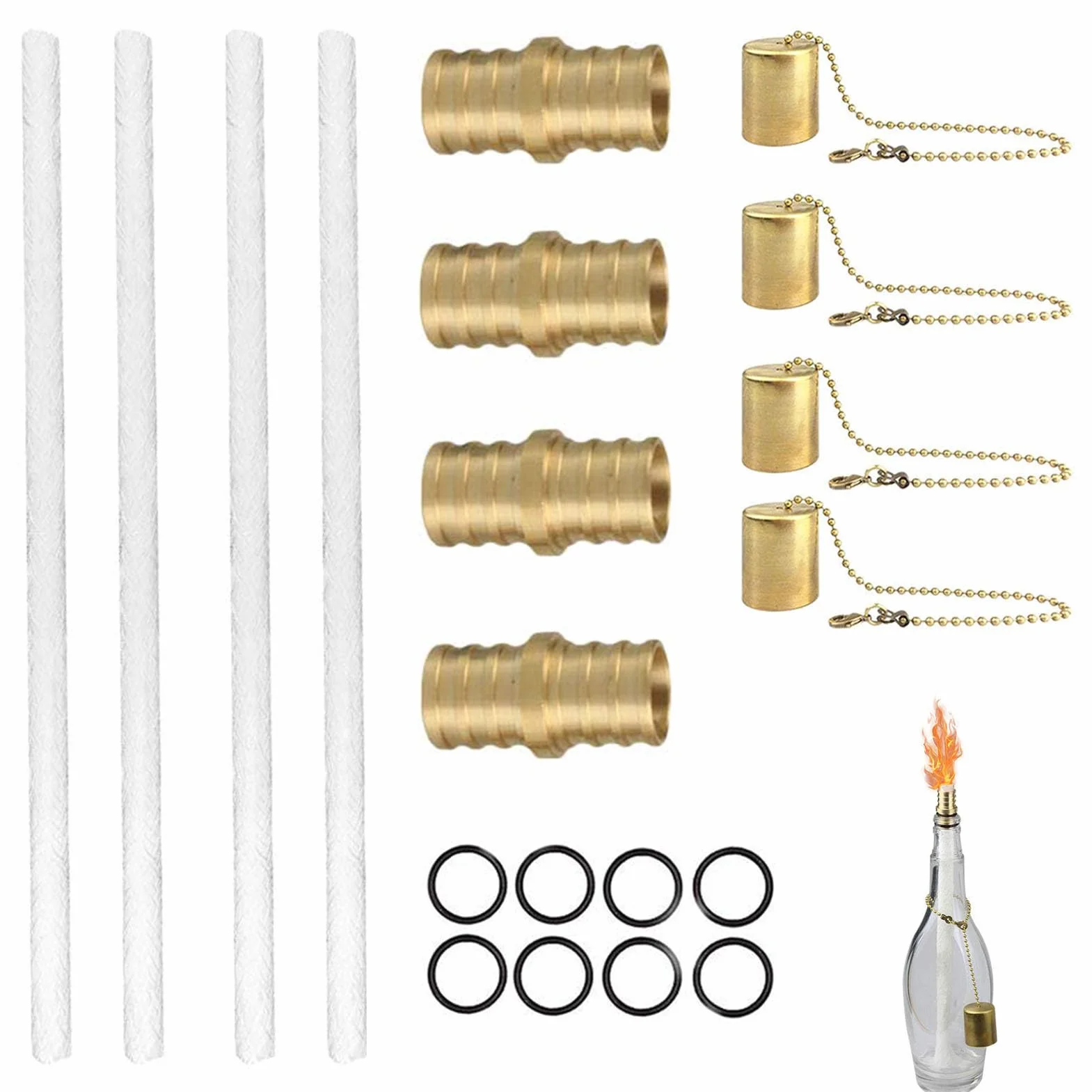 Generisch Zapasowy knot do lampy olejowej, pochodni ogrodowej, knotów do pochodni wina, zestaw knotów do pochodni butelkowej, (4 klosze + 4 knoty + 4 uchwyty knoty z mosi?dzu + 8 pier?cieni