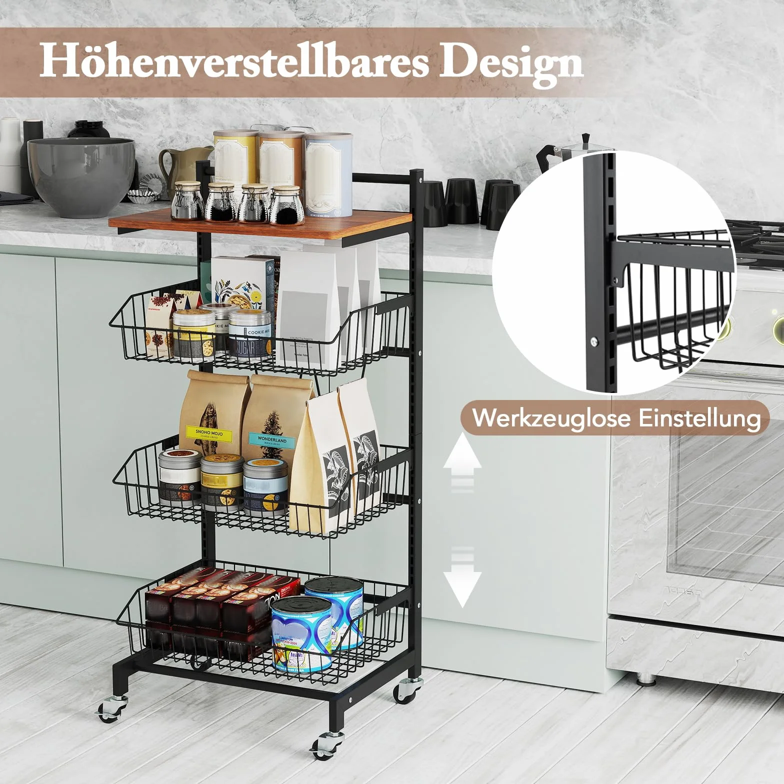 COSTWAY Wózek serwujący na rolkach, regał na warzywa z wysuwanymi koszykami i drewnianą płytą, regulowany w wysokości, wózek na 4 półki, wózek kuchenny na owoce i warzywa, wózek na owoce i warzywa do