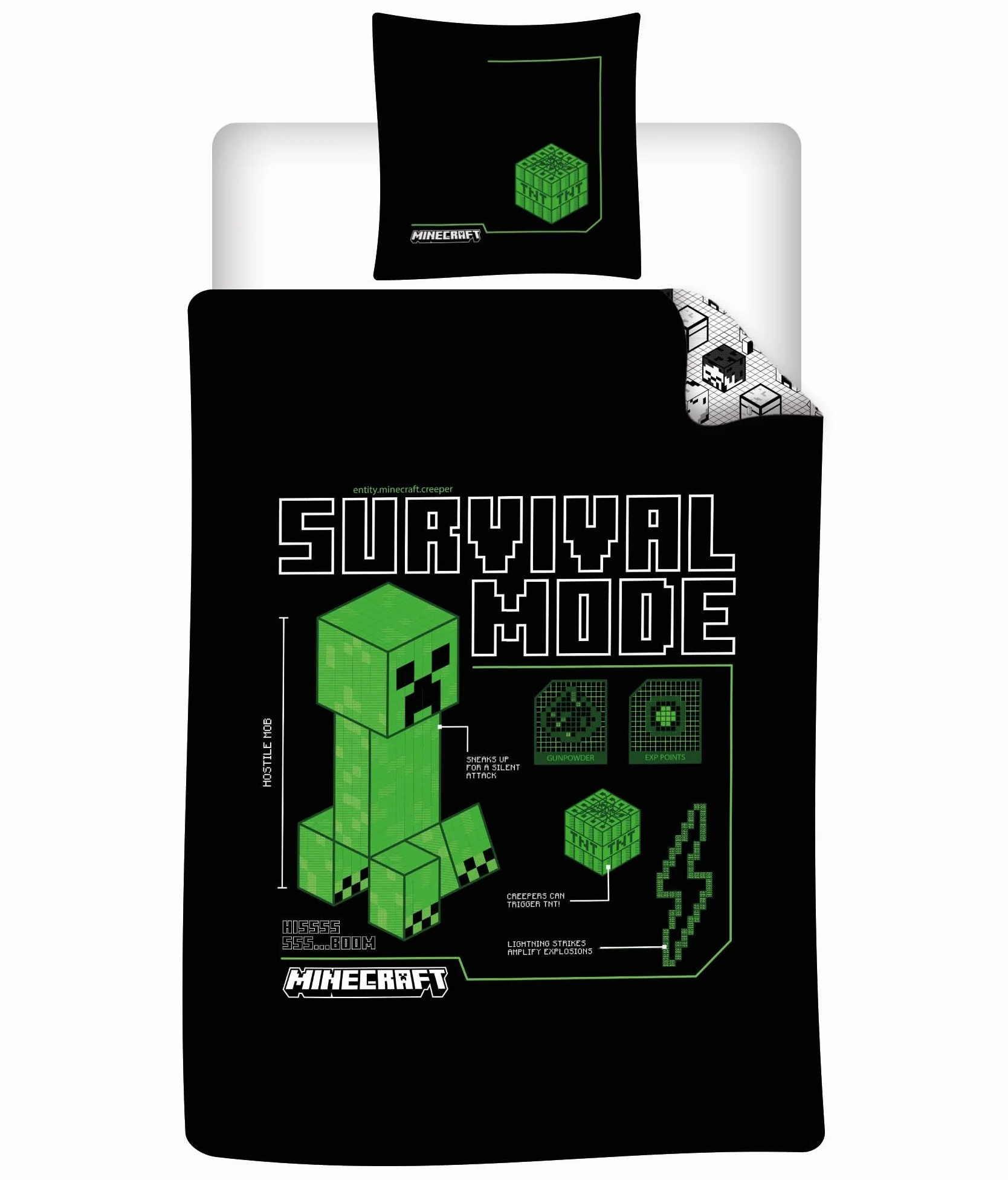 Minecraft Survival Mode Pościel Zestaw 140x200 cm + 63x63 cm Mikrofibra Creeper Blueprint Dwustronny