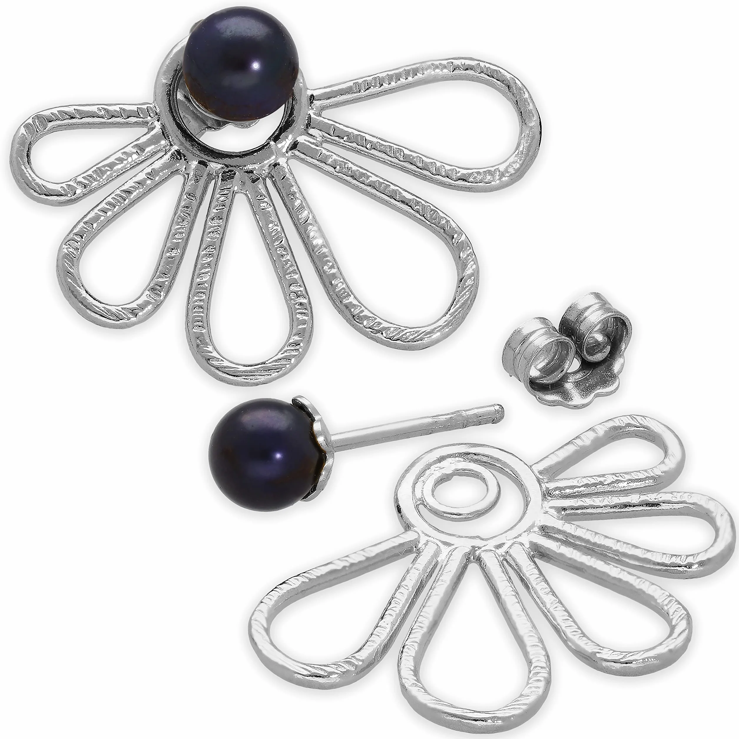 Kolczyki Ear-Jacket kwiaty ze srebra próby 925 z czarnymi perłami – wygląd 2 w 1 przód-tył – niklowane i hipoalergiczne – handmade by Emmanuela