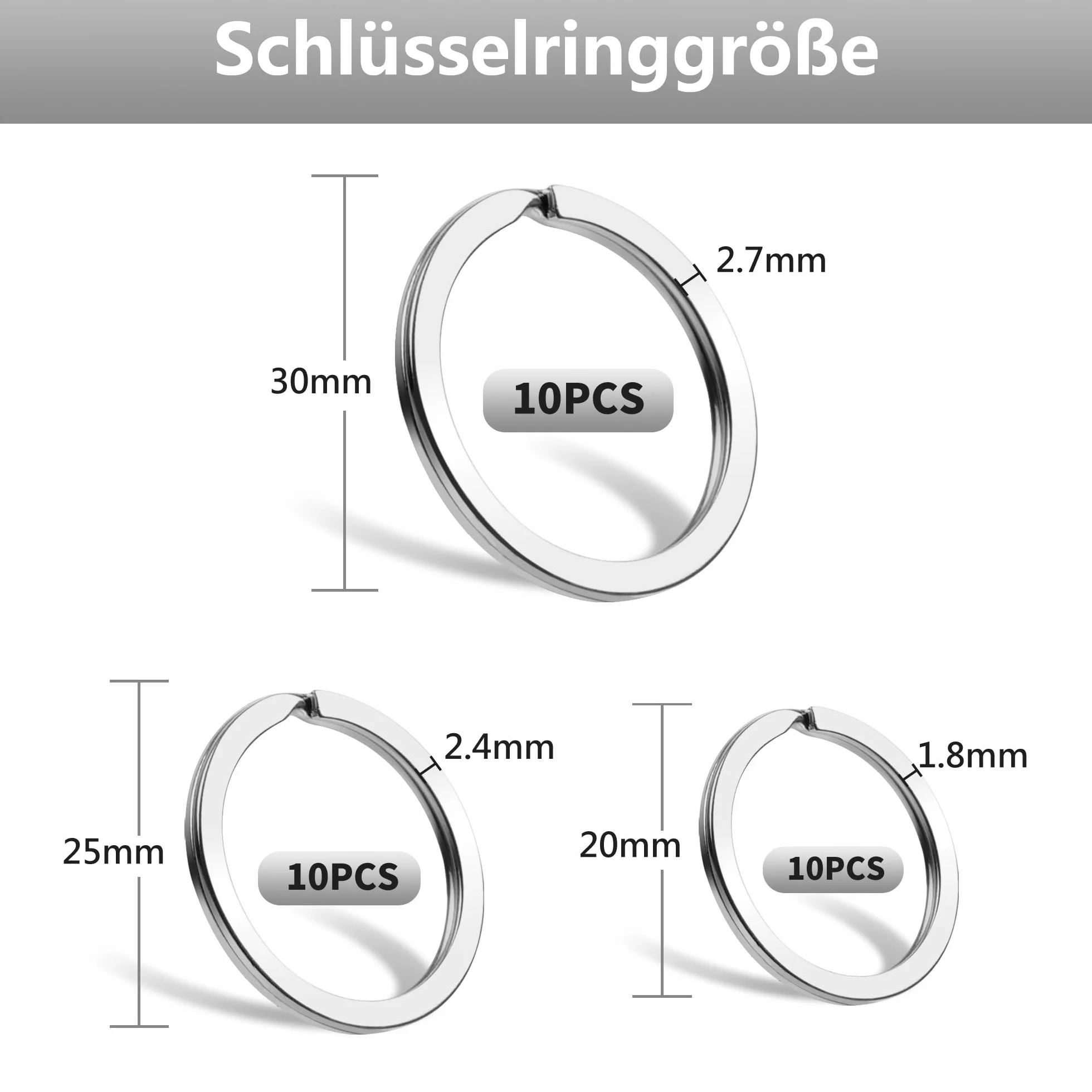30 sztuk kółek na klucze ze stali nierdzewnej, pierścienie do kluczy w 3 rozmiarach (20/25/30 mm), srebrne metalowe pierścienie do kluczy i akcesoriów DIY, srebro, 20/25/30mm