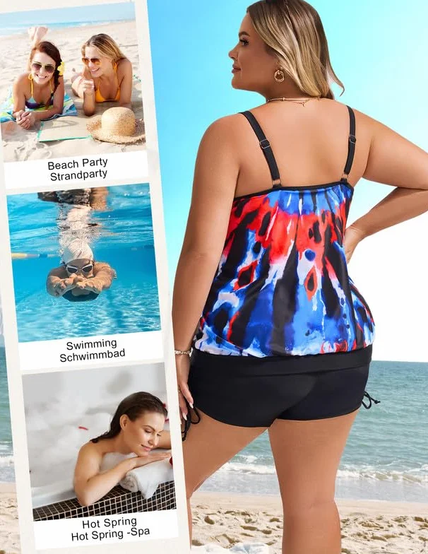 Hanna Nikole Damskie dwuczęściowe (plus size i regularne) zestawy tankini kontrola brzucha topy tankini i szorty kąpielowe z wysokim stanem wygodny strój kąpielowy stroje kąpielowe regulowane podwójne