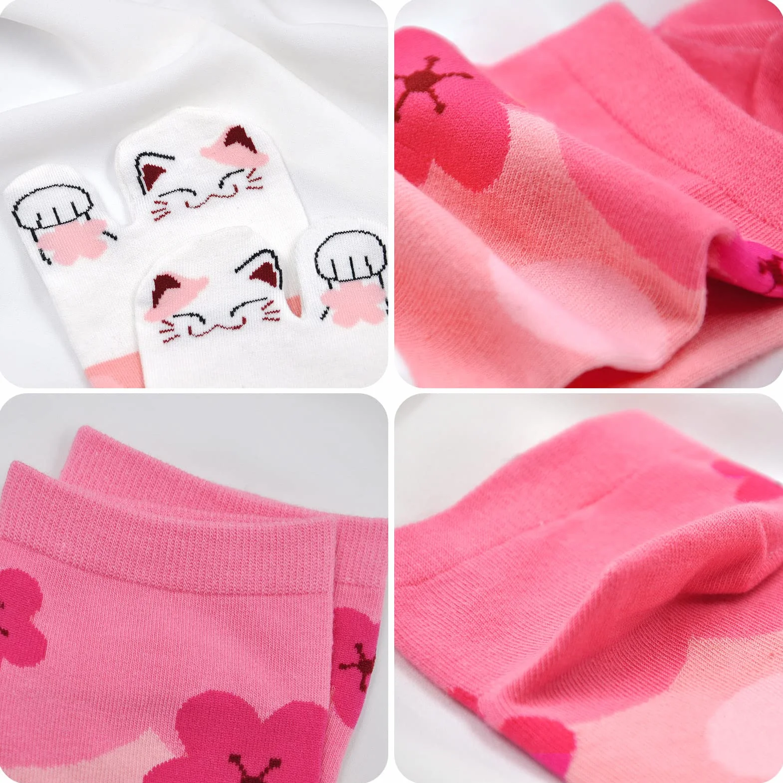 Tabi damskie skarpety typu flip flop, skarpety z bawełny, krótkie skarpety z dwoma palcami, styl japoński, kolorowe, zabawne wzory Sakura, rozmiar 35-41, 4 pary, 1 para kotów szczęścia