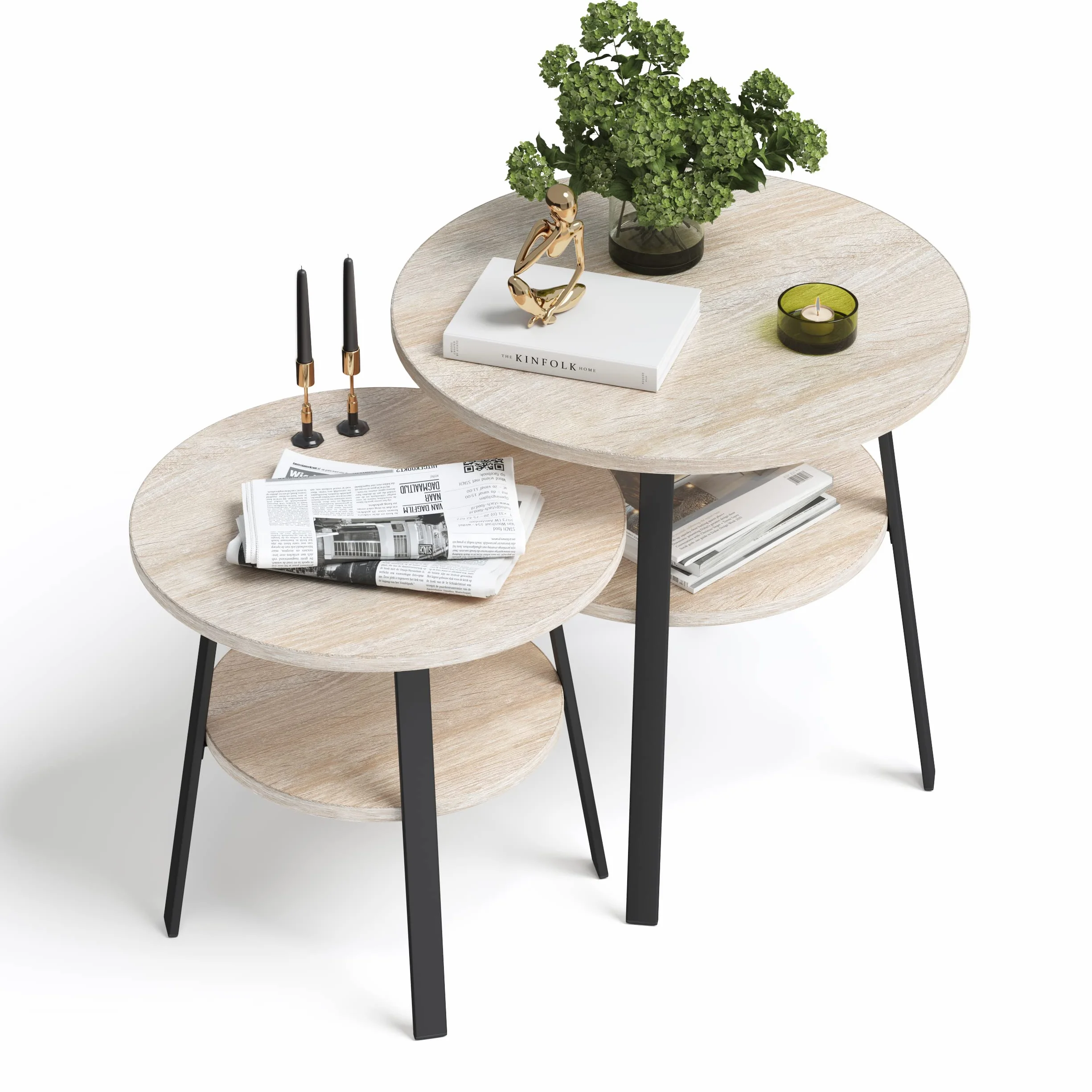 Stolik pomocniczy okrągły metalowy stelaż drewno Ø 52 x wys. 54 cm 2 półki imitacja dębu