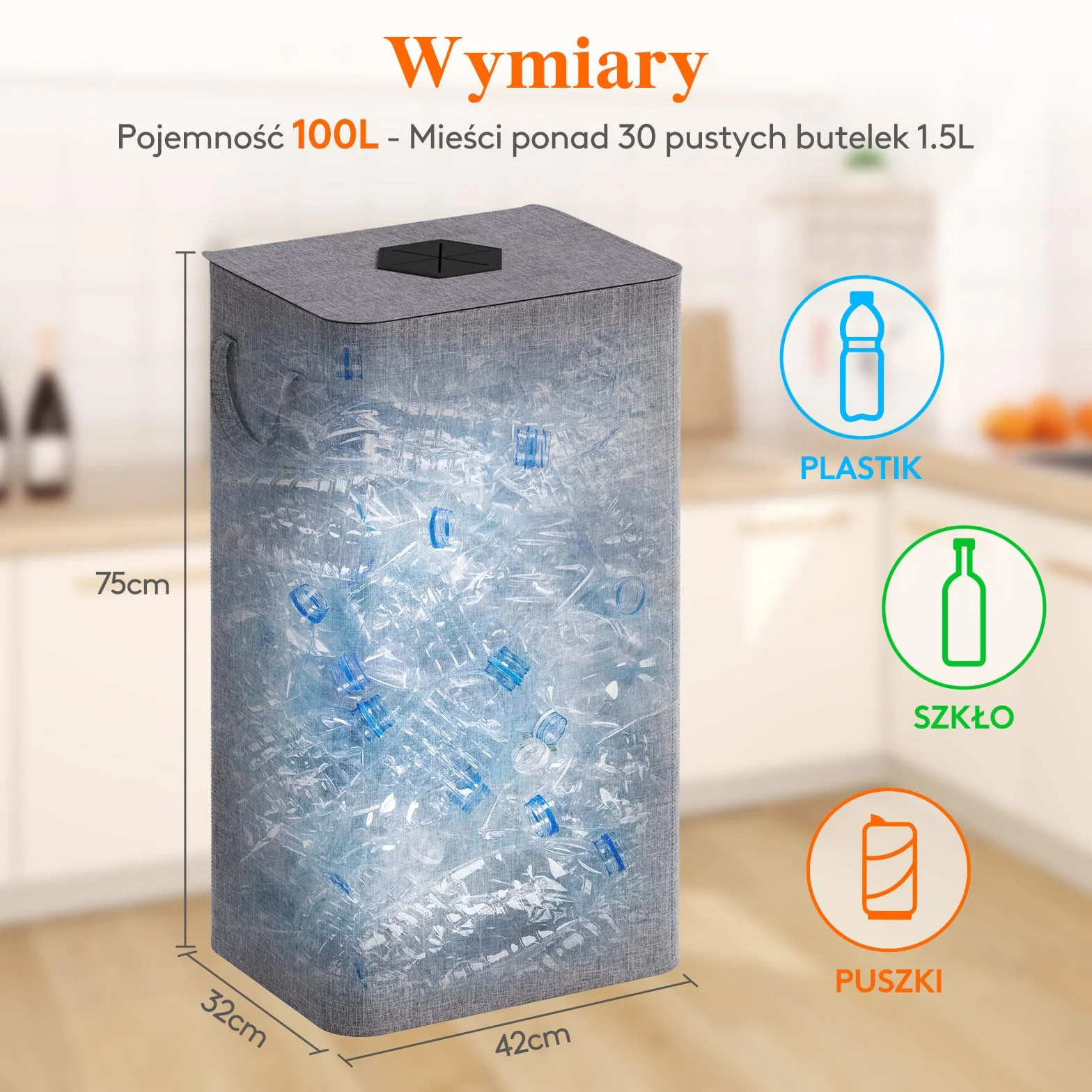 Lifewit Kosz do recyklingu 100 l z pokrywką i torbą wielokrotnego użytku