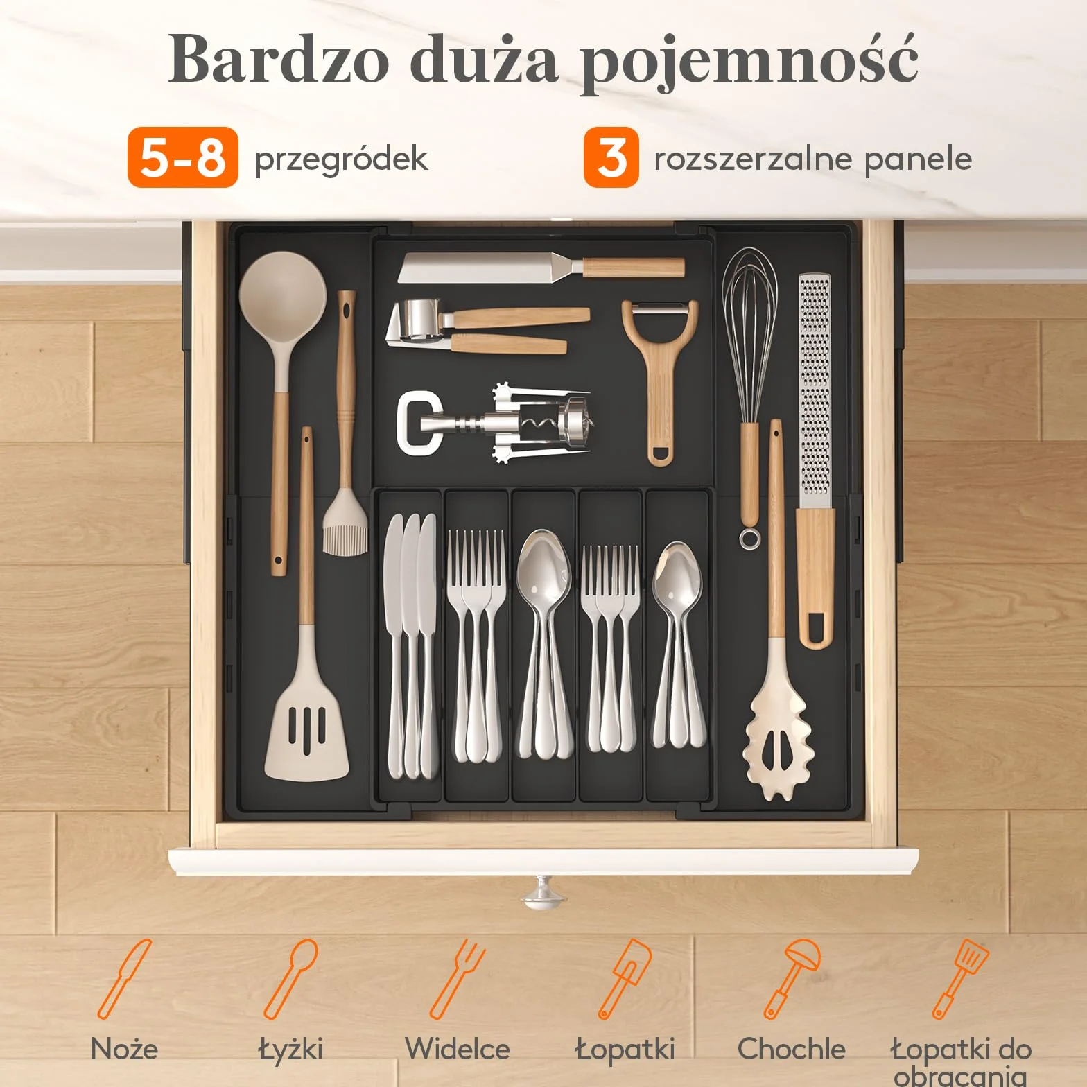 Lifewit Organizer na sztućce do szuflady, regulowany, 5-8 przegródek, szer. 30,5-52 cm, plastikowy