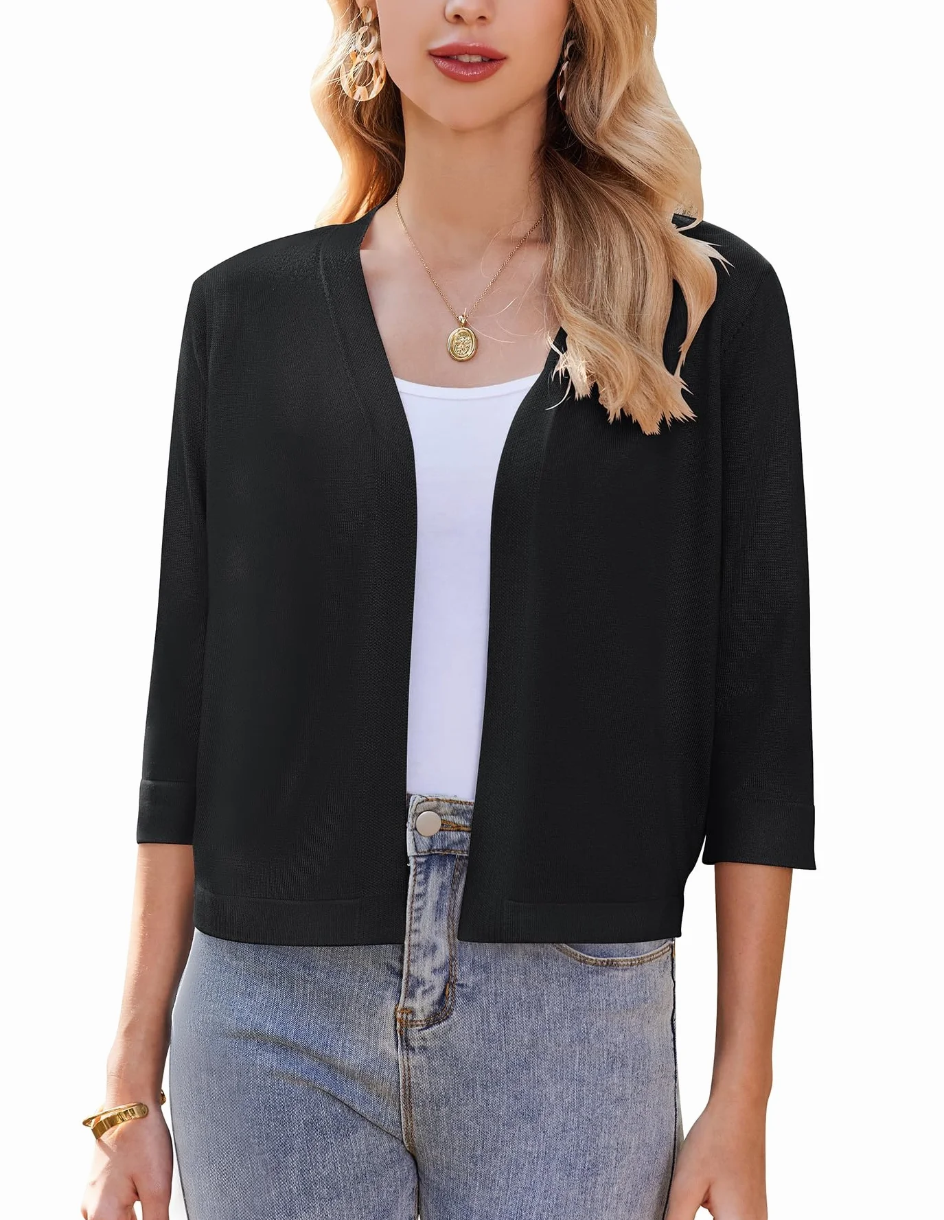 Zeagoo Bolerko damskie, odświętne, eleganckie, z dzianiny, krótkie bolerko, rękawy 3/4, kurtka na ramię, z otwartym przodem, kardigan, luźny, solidny top, S-XXL