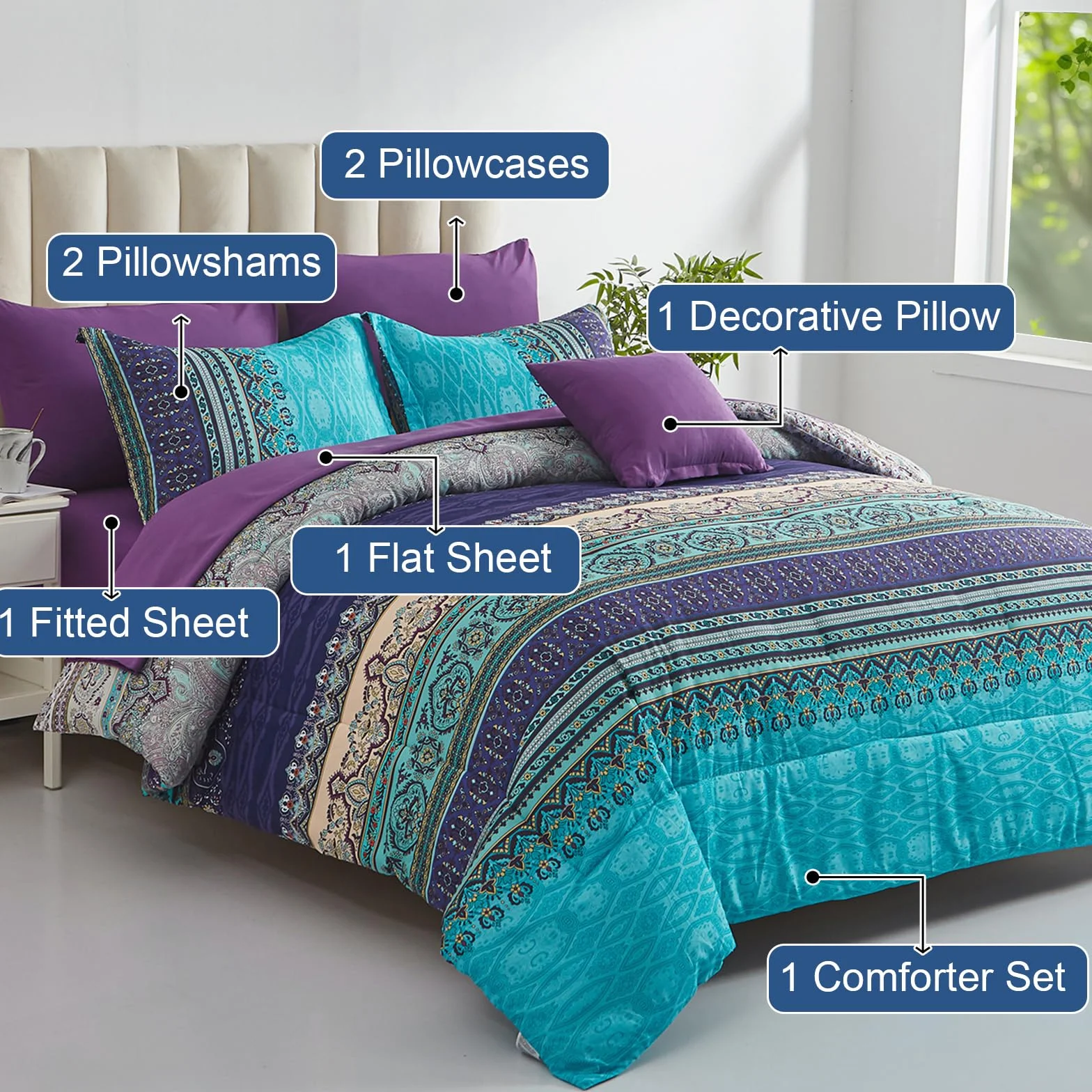 Zestaw pościeli Boho 8-częściowy king-size Aqua Paisley mikrofibra