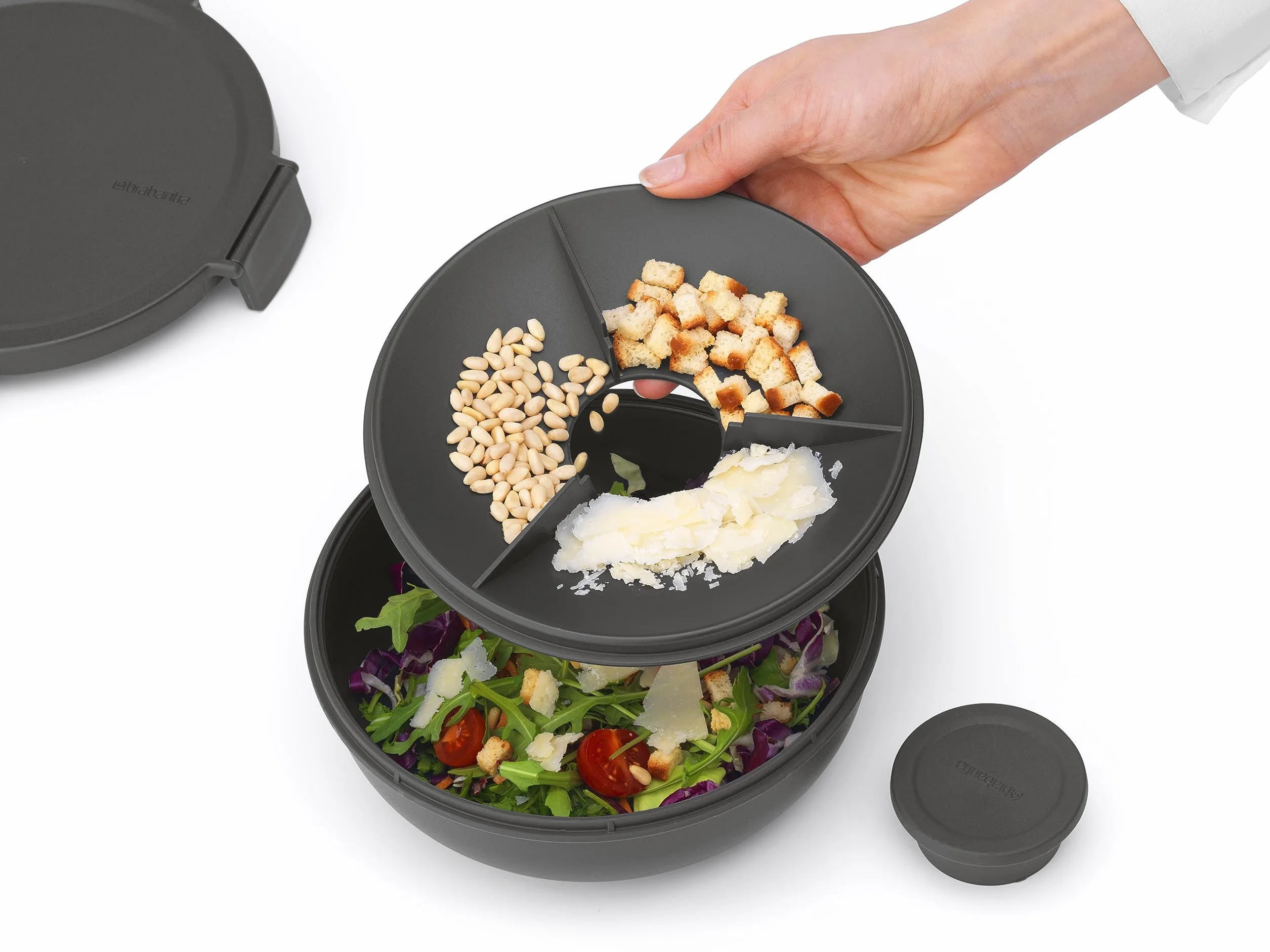 Brabantia Make & Take Miska na Sałatkę 1.3L Wyjmowana Taca na Dodatki Pokrywka Szczelna Dark Grey