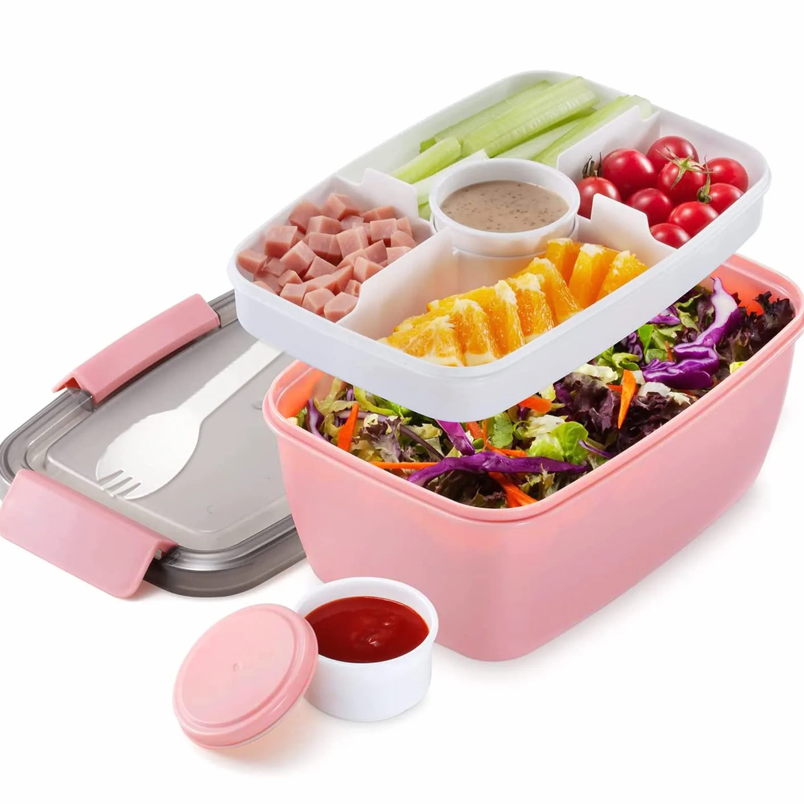 MUJUZE Bento Box 2000 ml 2-poziomowe pudełko na lunch z przegródkami, bez BPA, ze sztućcami, różowe