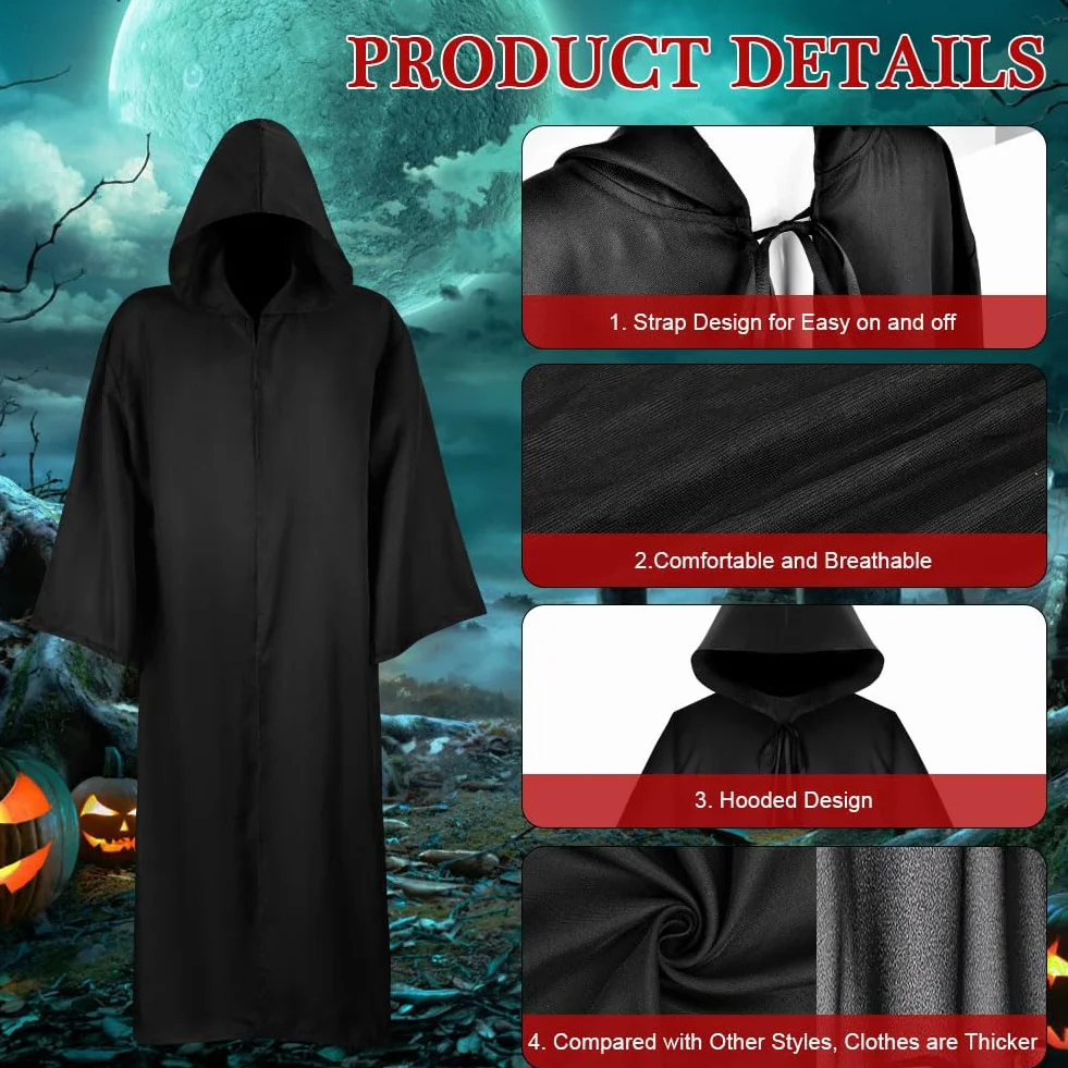 AOOWU czarna peleryna z kapturem na Halloween, kostium czarownicy, peleryna z wampirem do przebrania za króla i księcia, karnawał i imprezy tematyczne, czarny